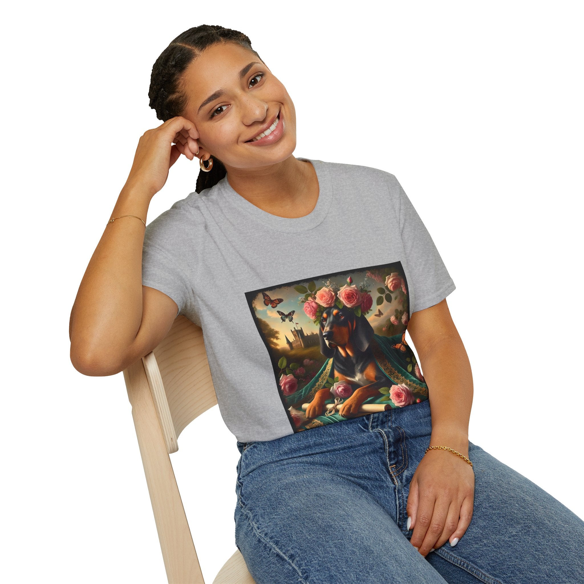 Female model in sport gray dog t-shirt featuring coonhound in rose garden wearing green embroidered cape and crown of pink flowers.