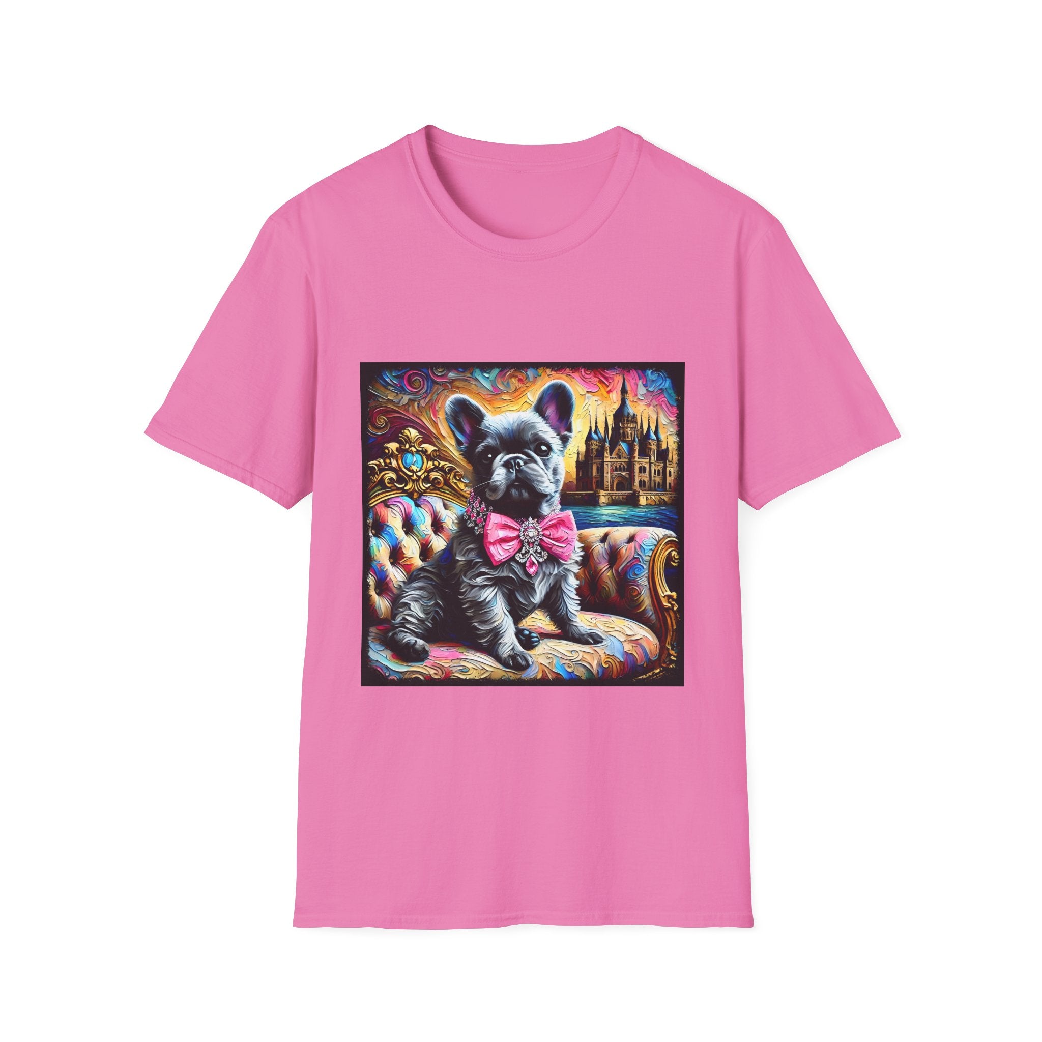Vivid Pink dog t-shirt featuring a black French Bulldog in pink bow on ornate settee, with vivid castle and swirl background.