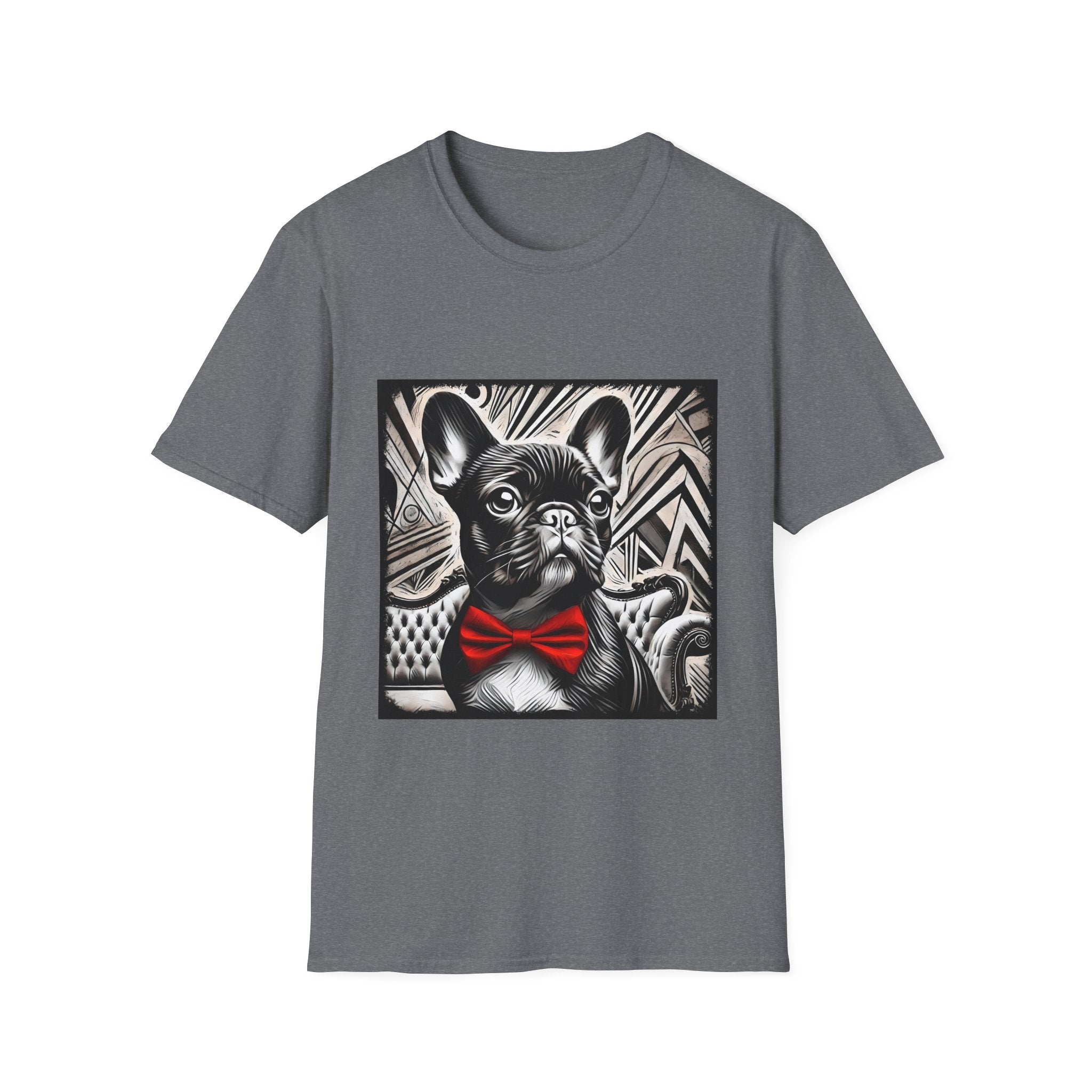 Graphite heather dog t-shirt featuring a black and white French Bulldog with a bold red bow tie and art deco backdrop.