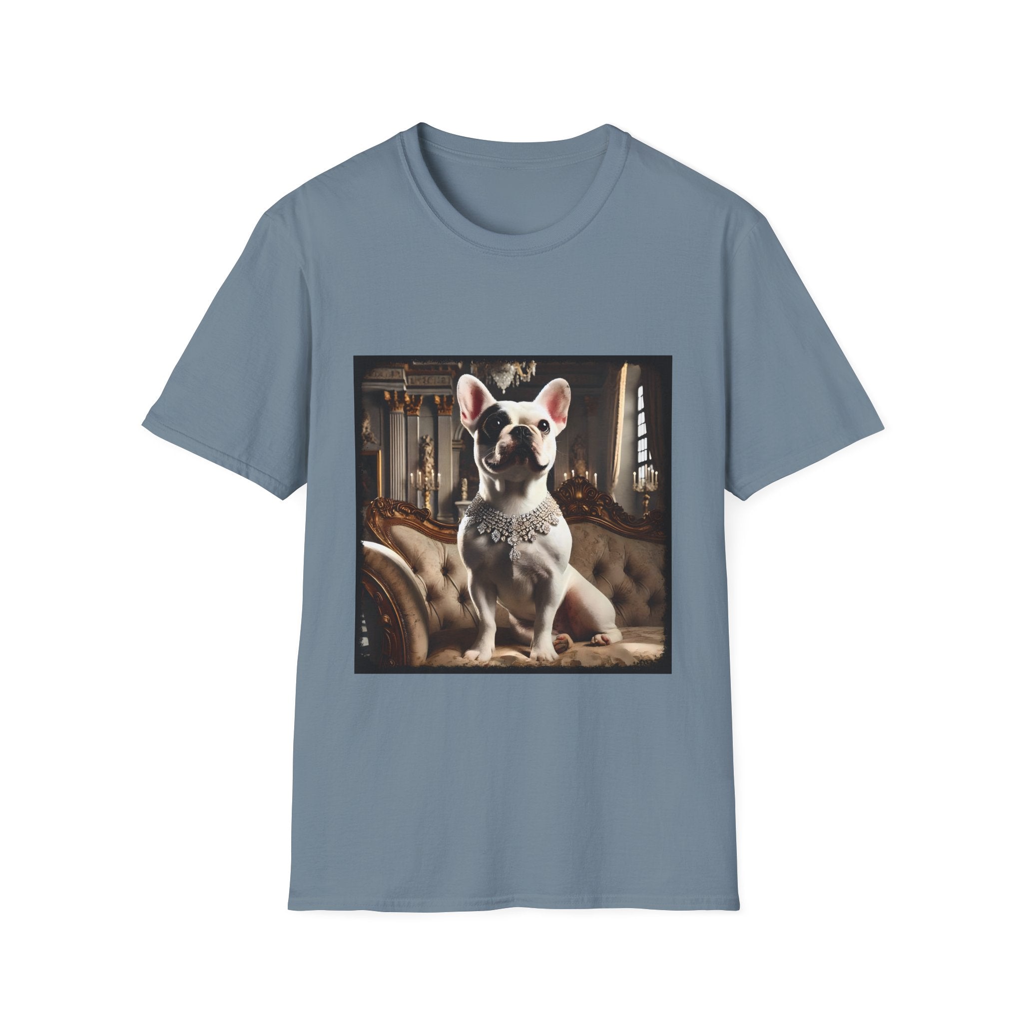 Stone blue dog t-shirt featuring white French Bulldog wearing jeweled necklace, seated on tufted settee in elegant palace setting.