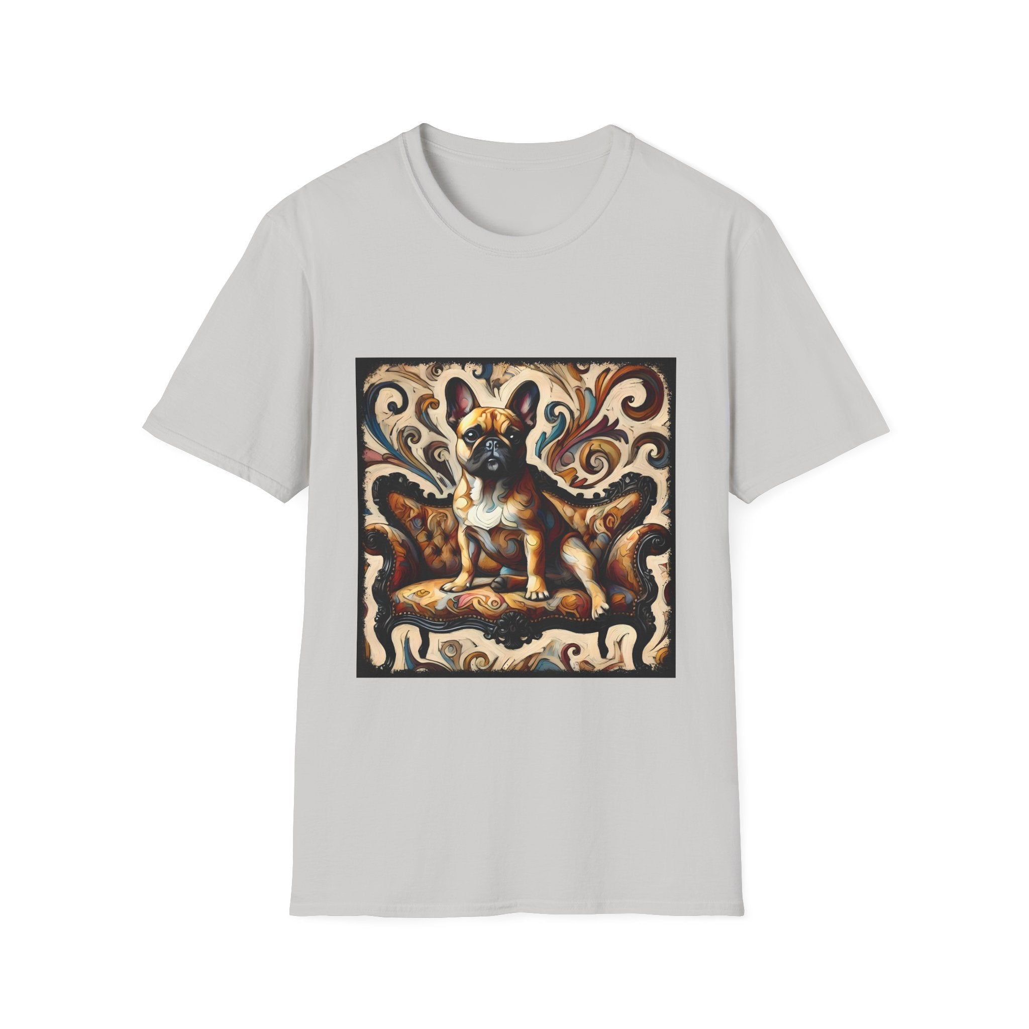 Ice gray t-shirt featuring fawn French Bulldog on ornate amber and black settee with rich tan swirl backdrop.
