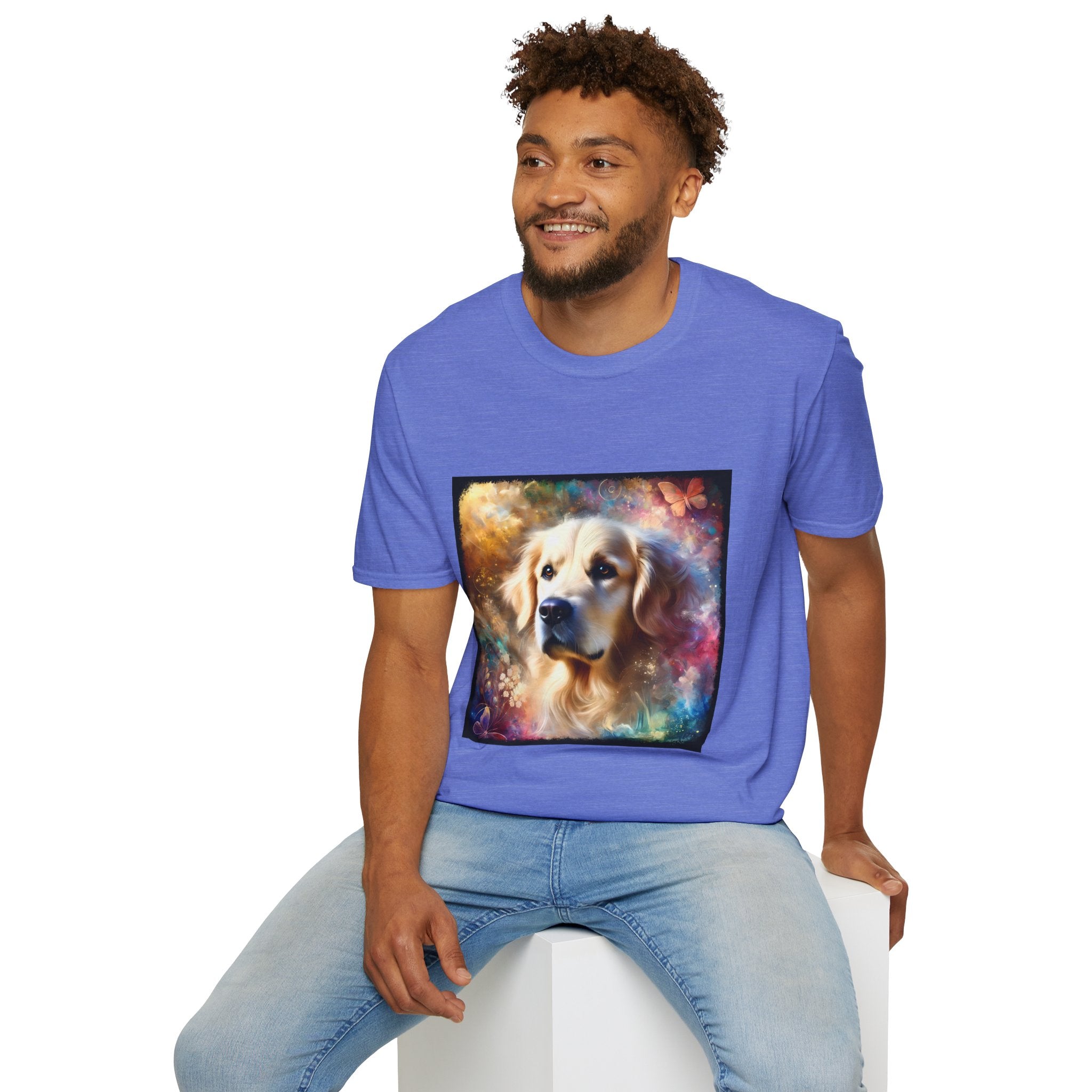 Male model in heather royal dog t-shirt with golden retriever portrait, soft fur, butterflies, and dreamy pastel colors.