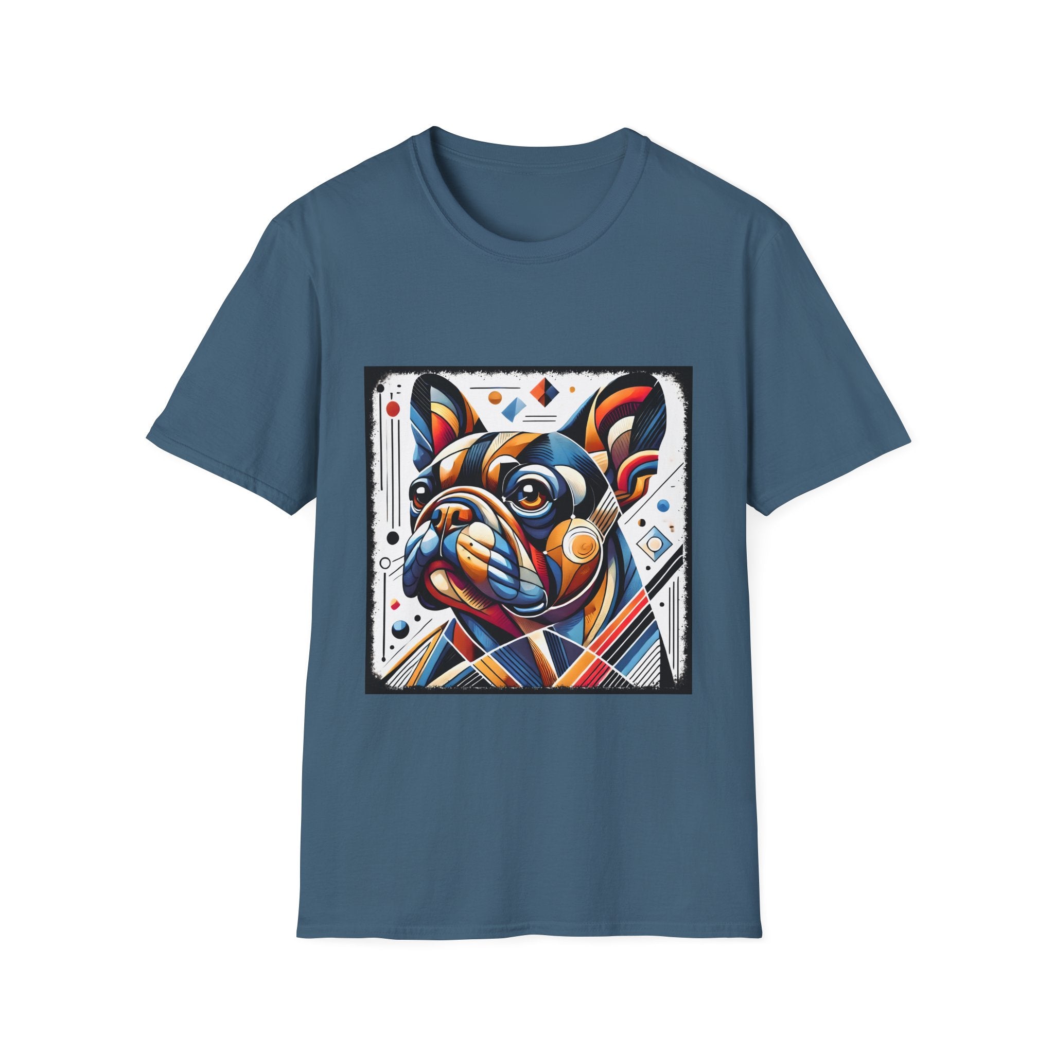 Indigo blue dog t-shirt featuring geometric-style French Bulldog in vivid orange, blue, and red against a white abstract background.