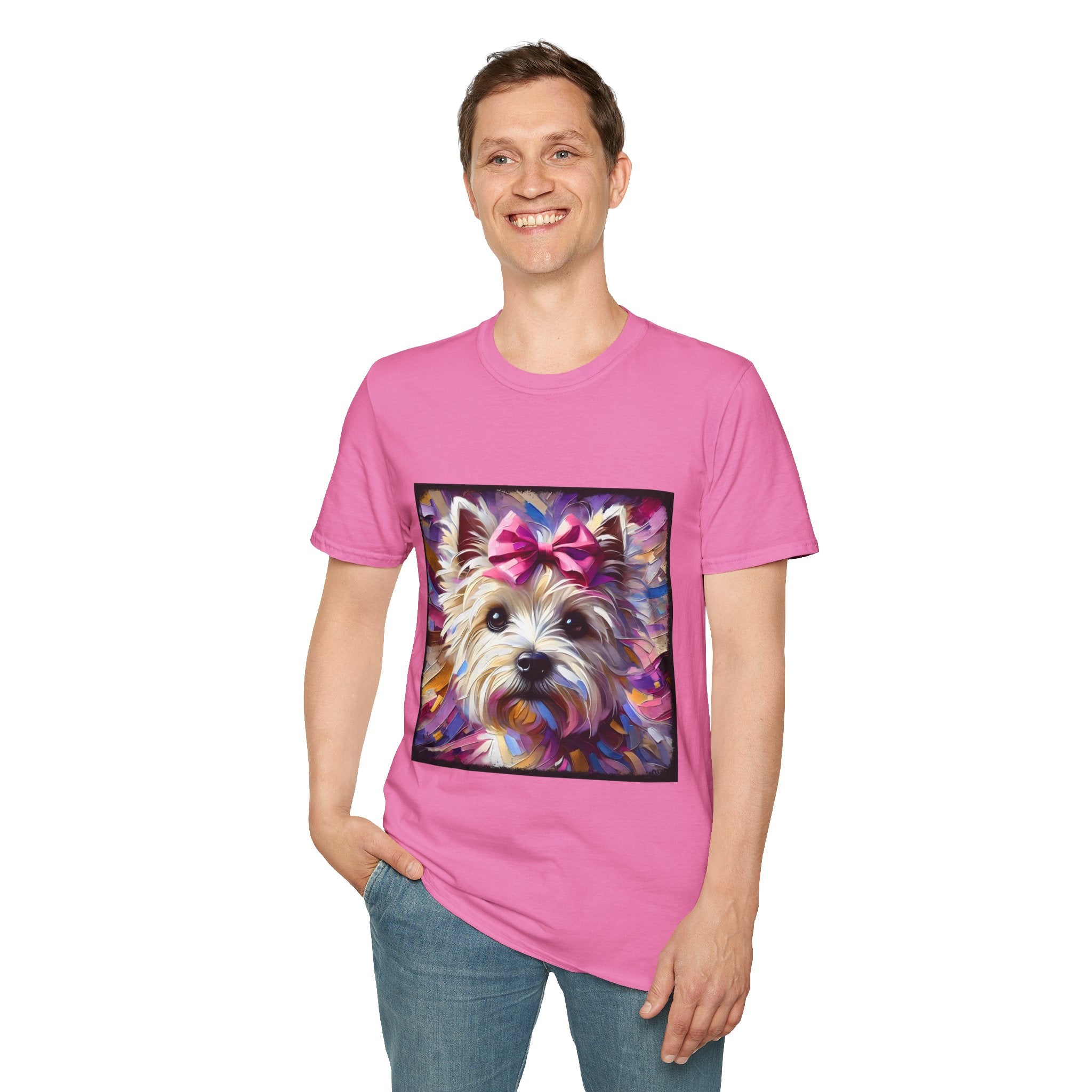 Male model in pink dog t-shirt with Westie face, pink bow, and bold brushstroke colors in purple, pink, and gold.
