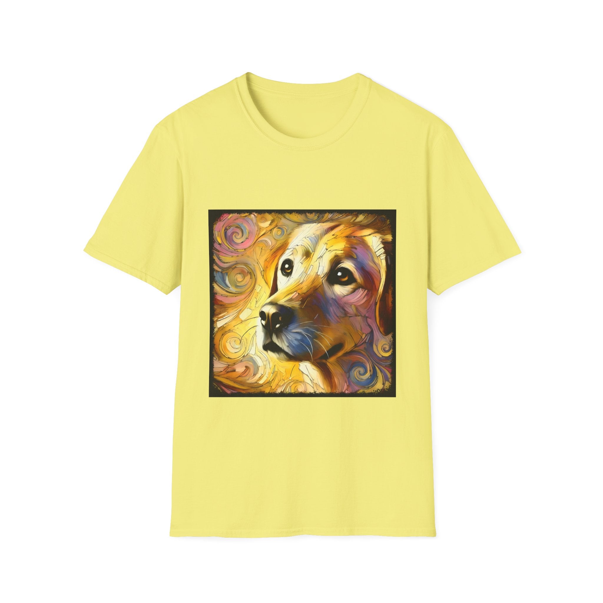 Yellow dog t-shirt featuring a golden retriever with swirling brushstroke-style yellow-orange background.