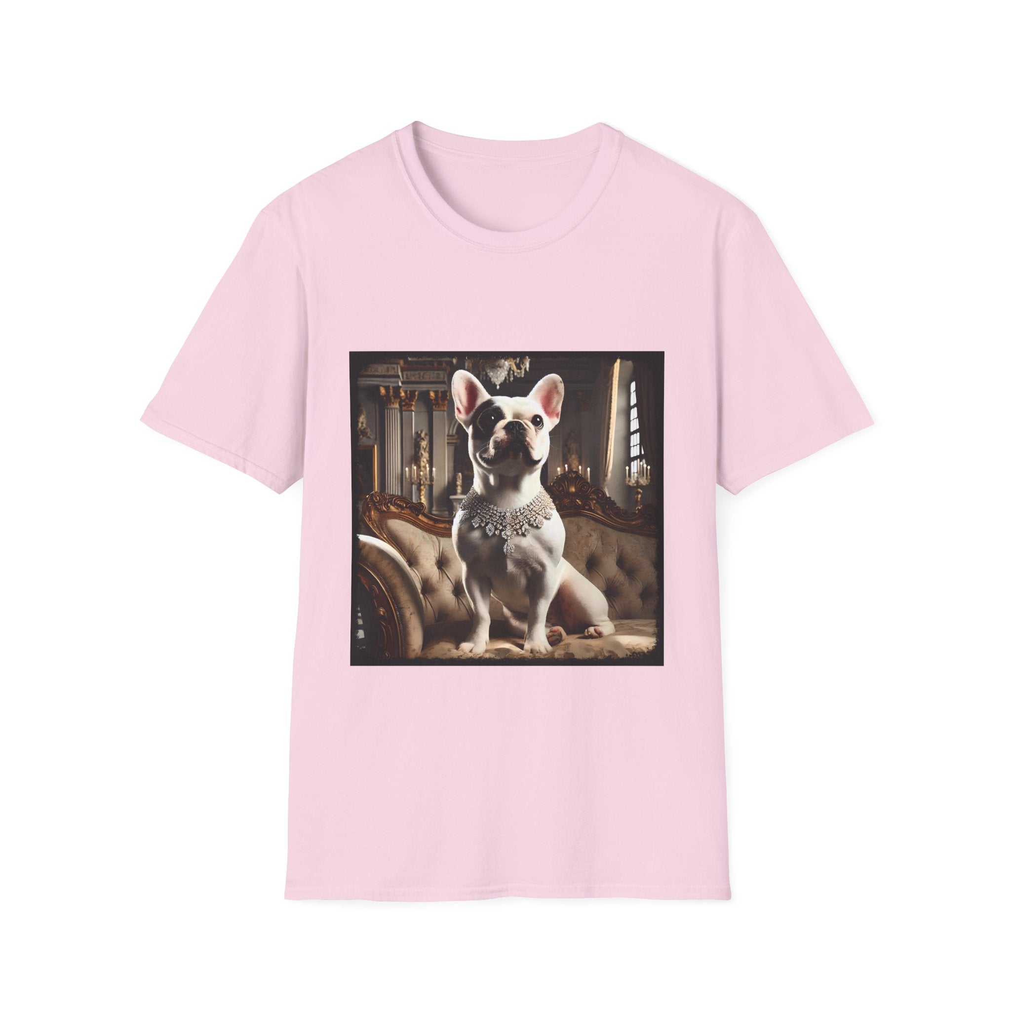 Light pink dog t-shirt featuring white French Bulldog wearing jeweled necklace, seated on tufted settee in elegant palace setting.