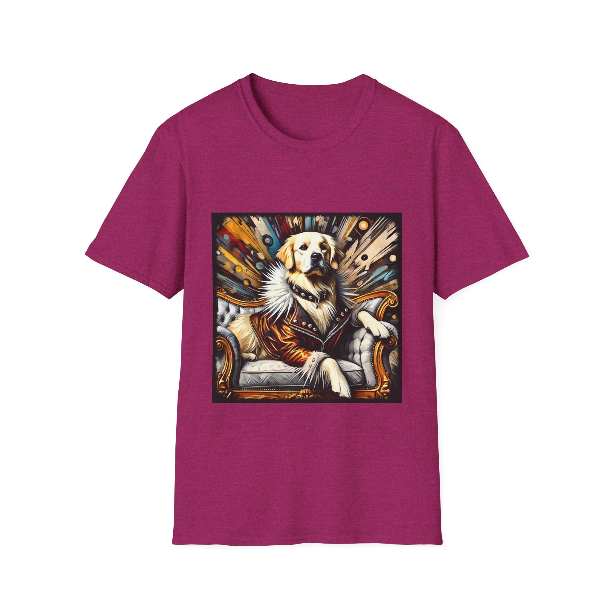 Heather berry dog t-shirt featuring golden retriever in fur coat on gold throne with colorful backdrop.