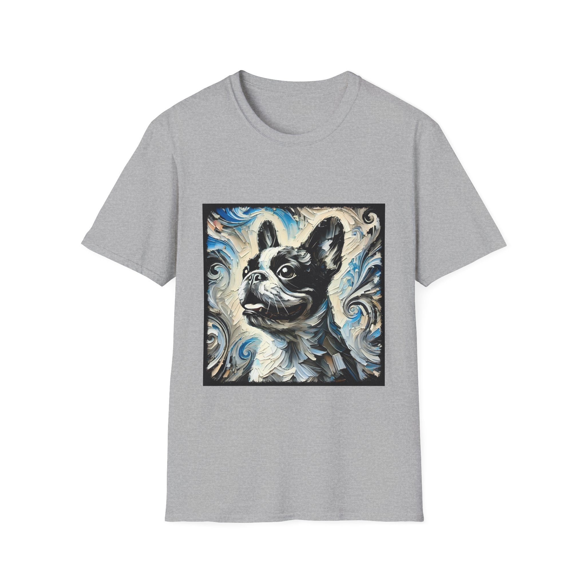 Sport grey dog t-shirt with black and white French Bulldog portrait on swirl-patterned vintage background.