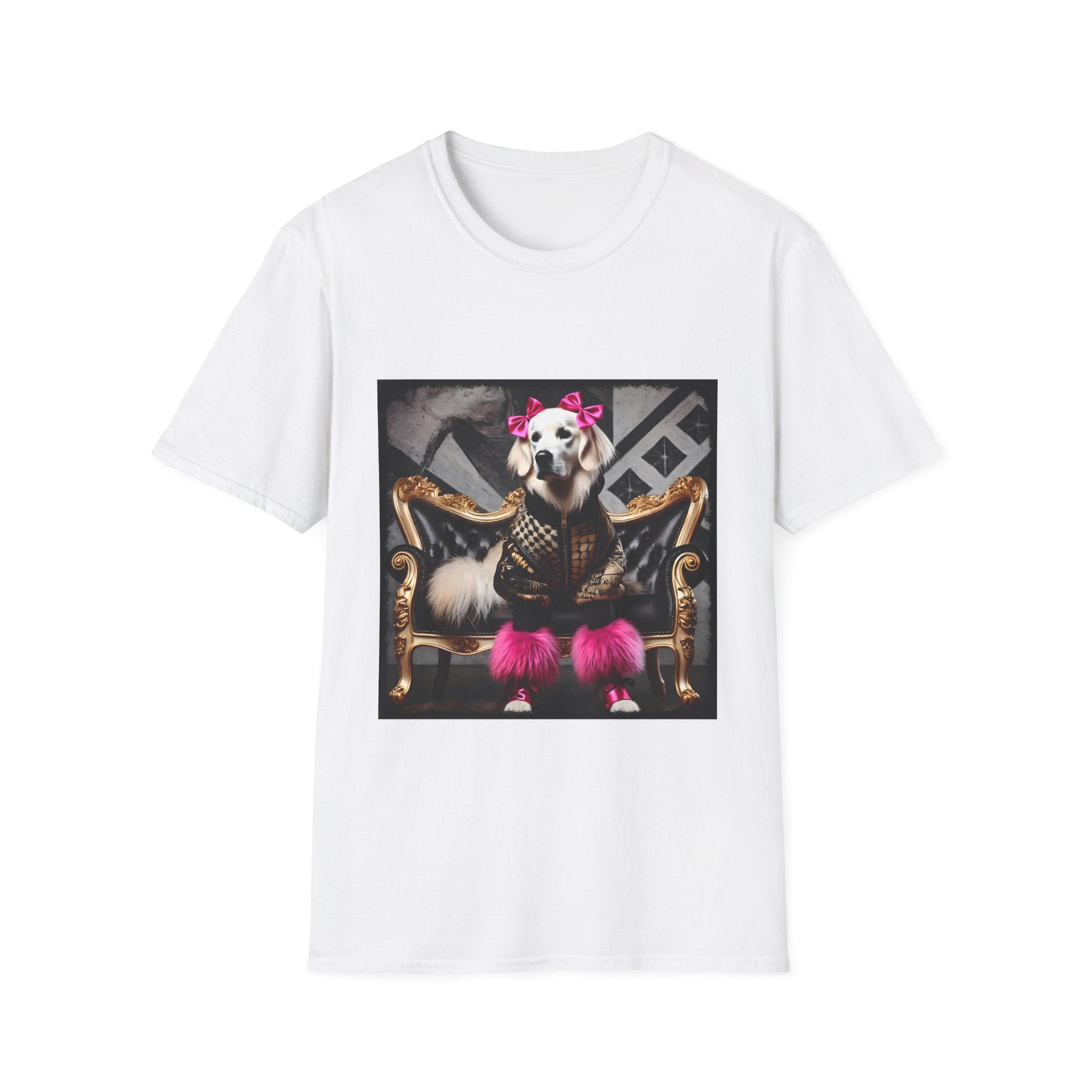 White dog t-shirt featuring white dog in pink bows and boots on gold settee with edgy gray backdrop.