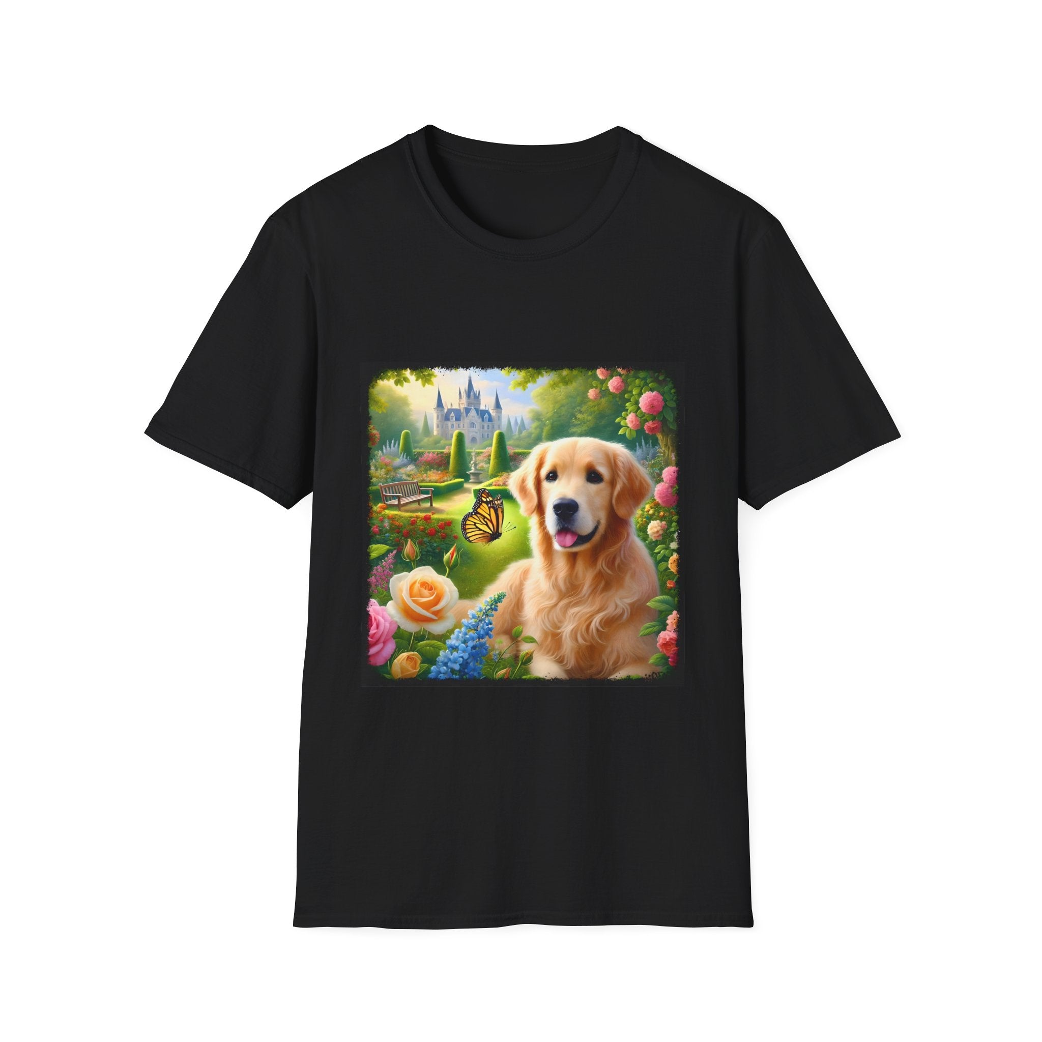 Black dog t-shirt featuring a golden retriever in a vibrant castle garden with blooming roses and a butterfly.