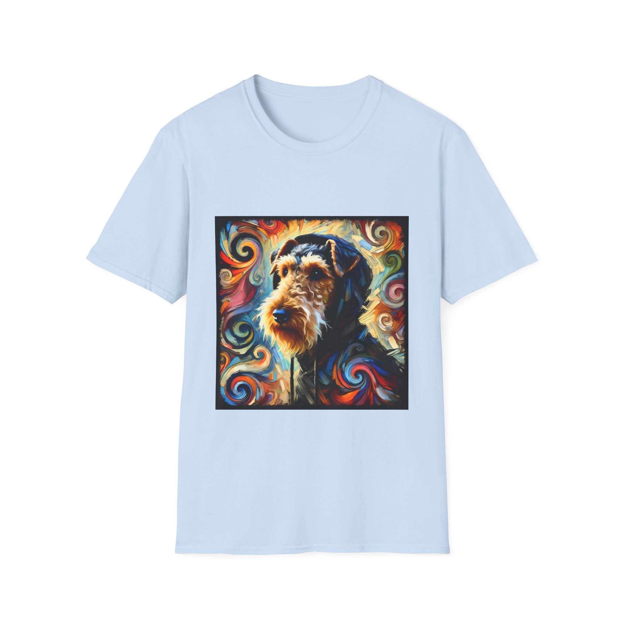 Light blue dog t-shirt with Airedale terrier in hoodie and vibrant multicolor swirl background.