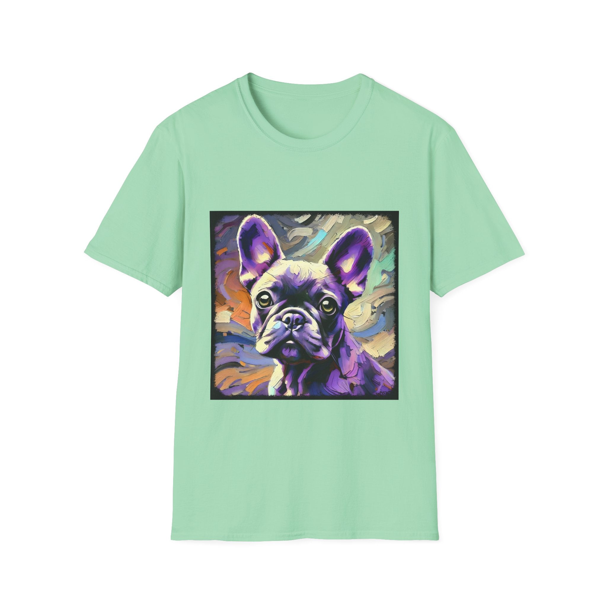Mint green dog t-shirt featuring a lavender purple French Bulldog with swirling brushstrokes of teal, orange, and cream.
