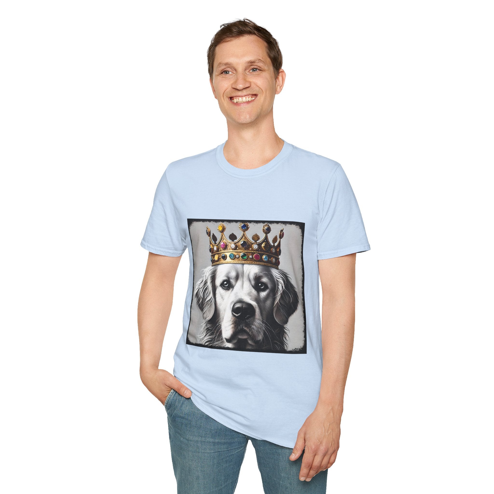 Male model in light blue dog t-shirt featuring a black-and-white golden retriever in jeweled crown on gray backdrop.