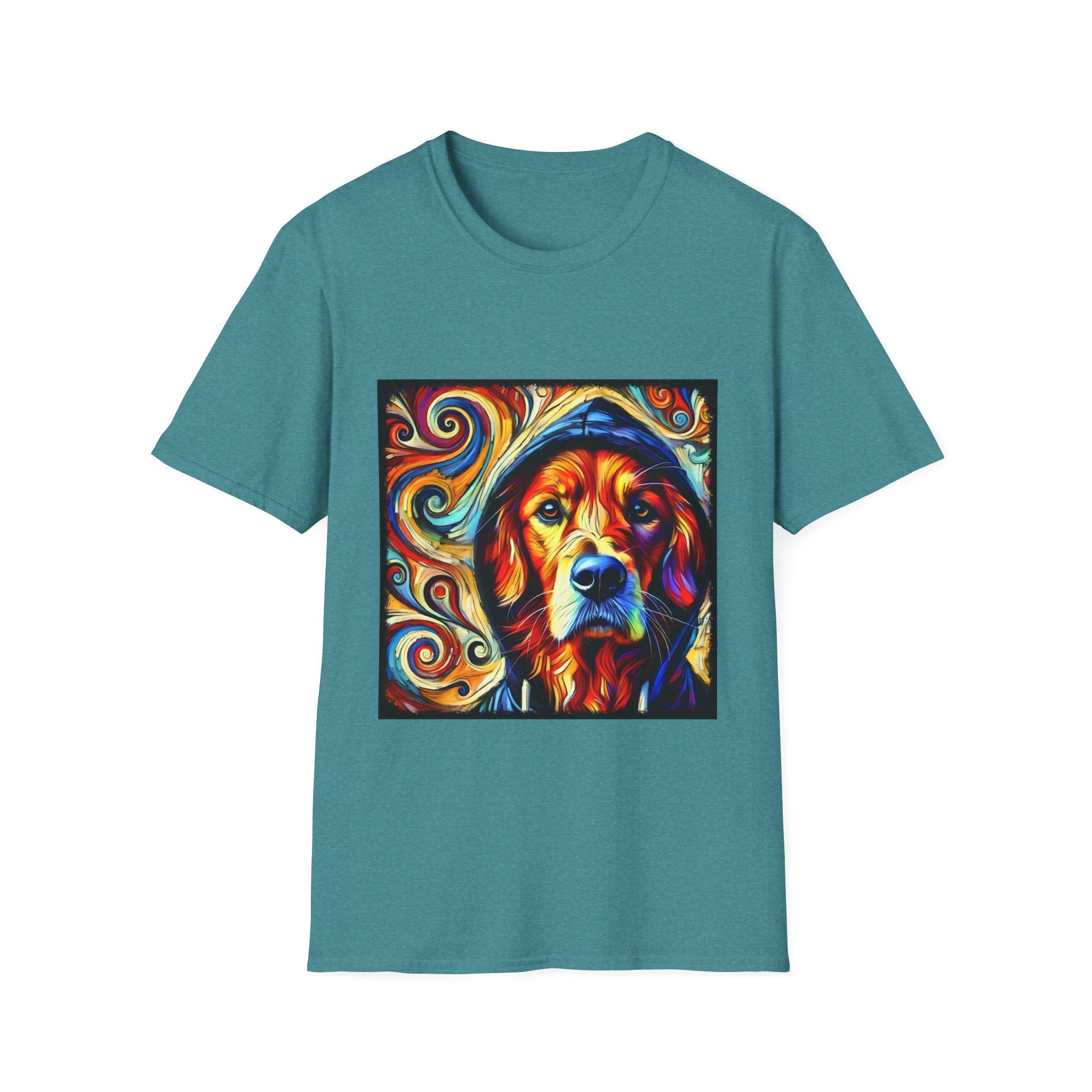 Tea dog t-shirt with golden retriever in blue hoodie, bold swirls in red, orange, and teal behind.