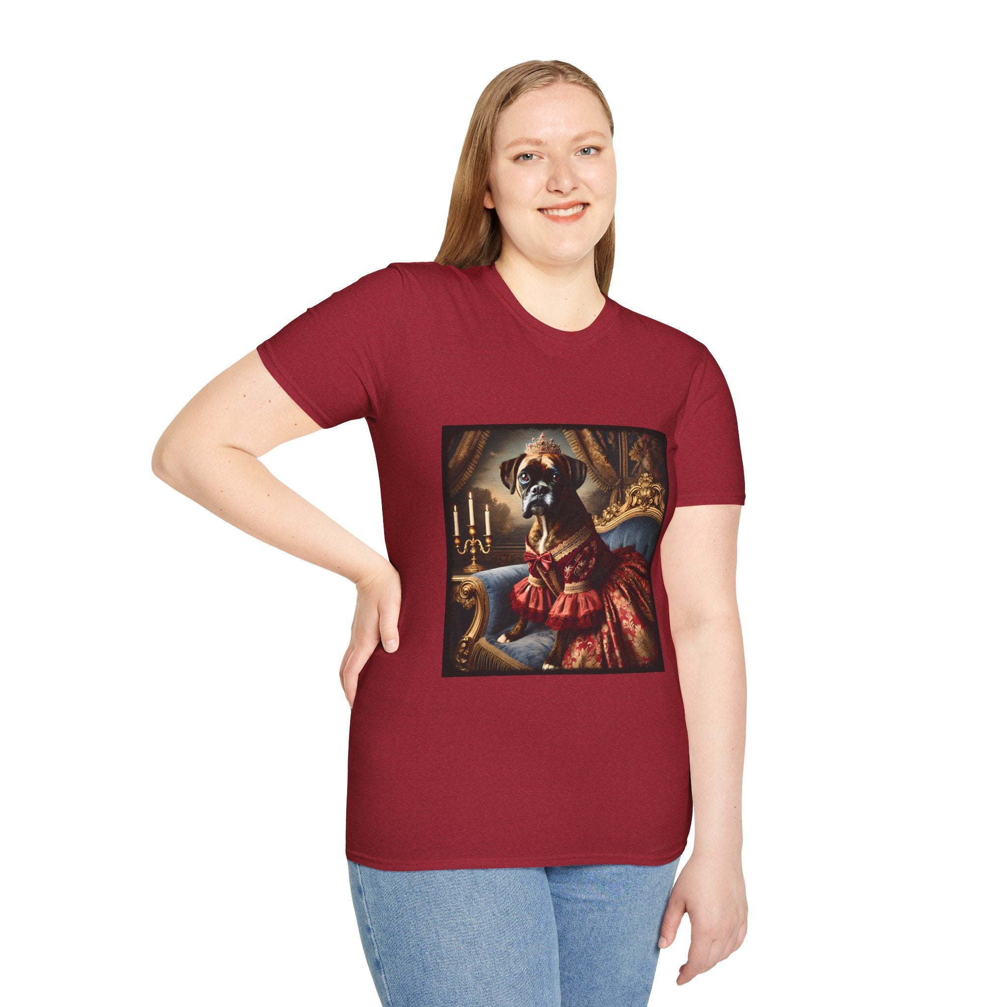 Female model in antique cherry red dog t-shirt featuring boxer in ornate red gown and tiara seated on royal blue armchair.