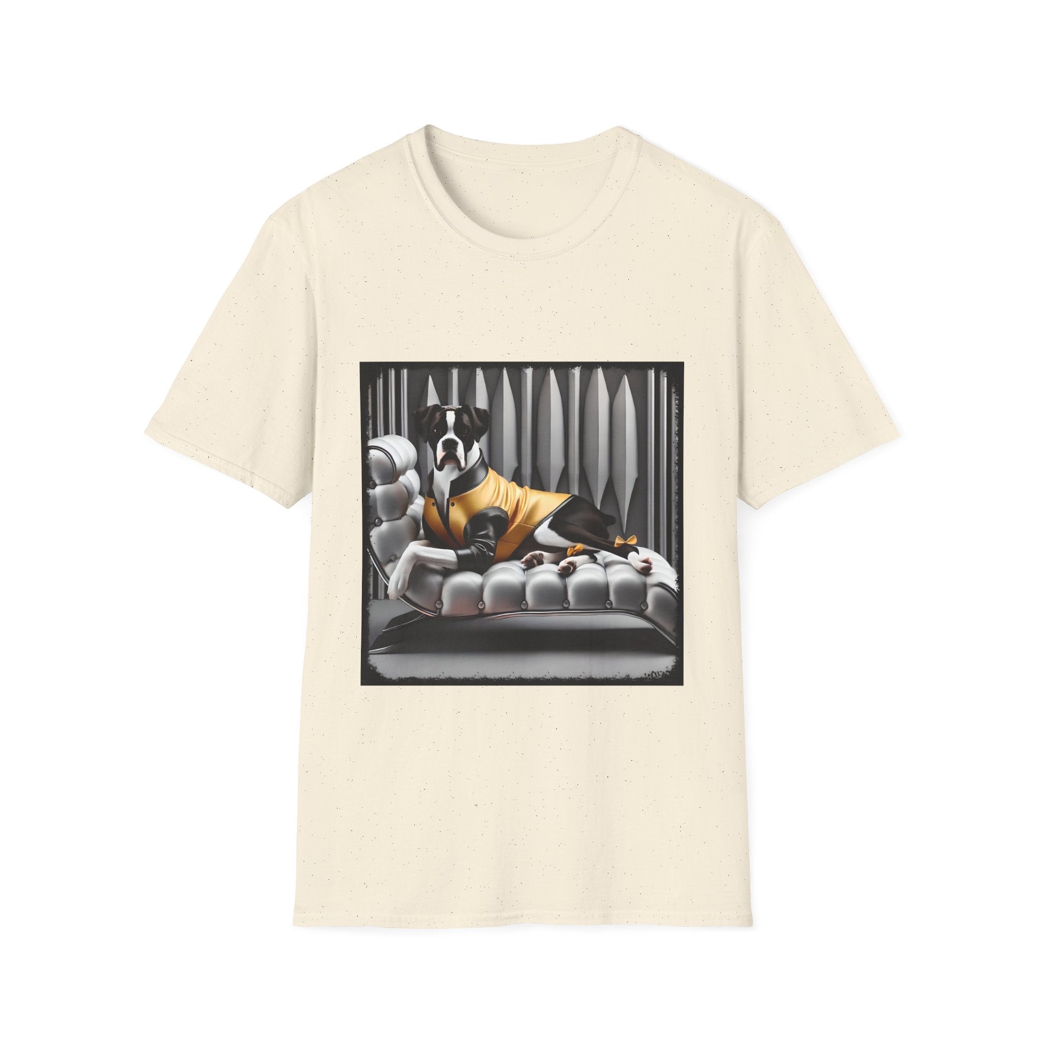 Natural dog t-shirt featuring a black and white boxer lounging on silver tufted couch in yellow jacket with striped wall.