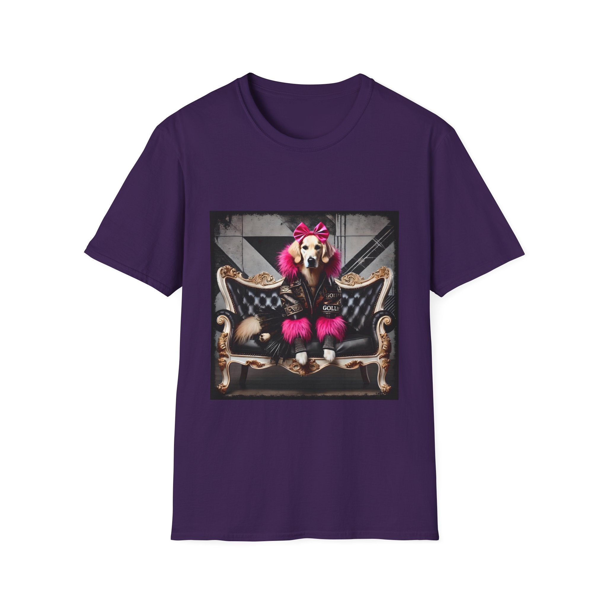 Purple dog t-shirt featuring golden retriever with pink bow and fur outfit on black settee in edgy backdrop.