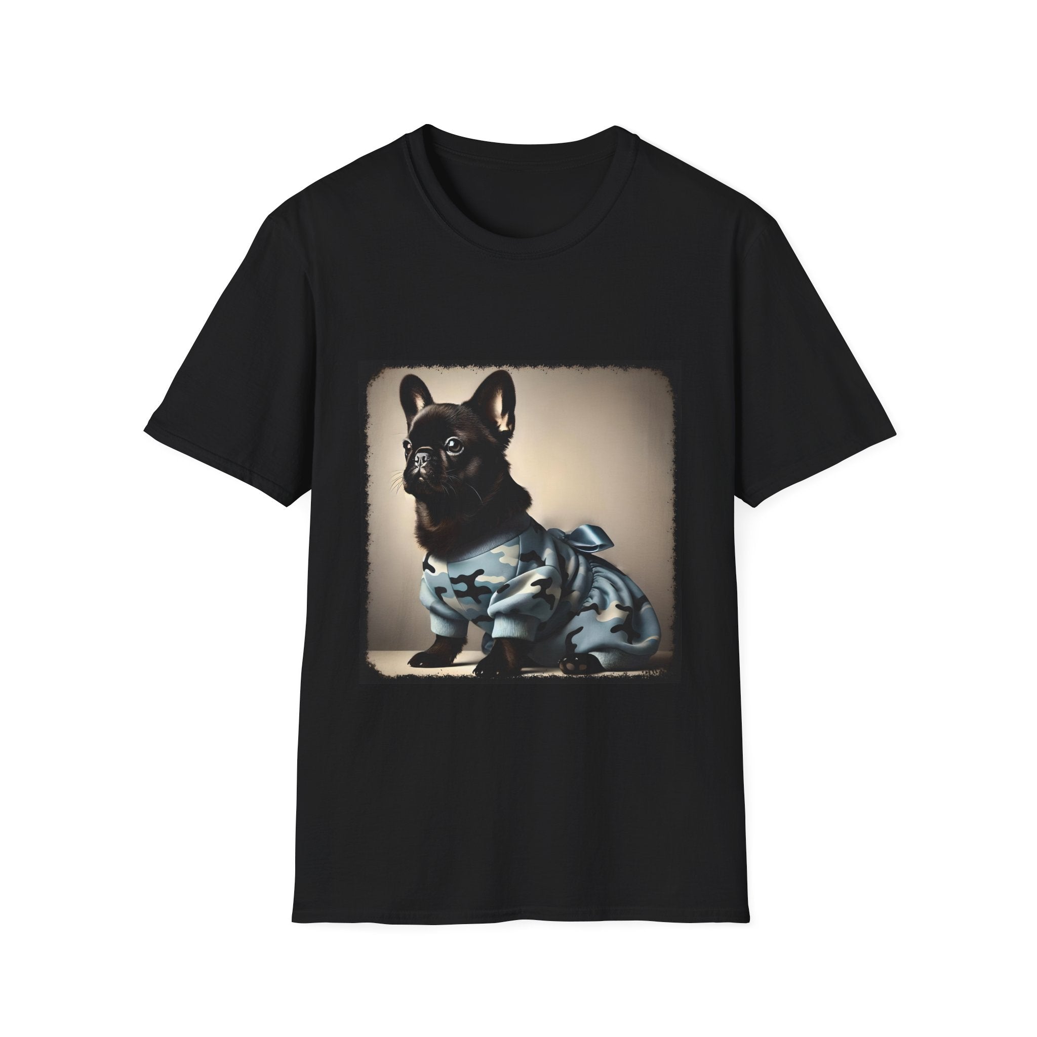 Black dog t-shirt featuring black French Bulldog in blue camo outfit with bow, set in soft vintage portrait.