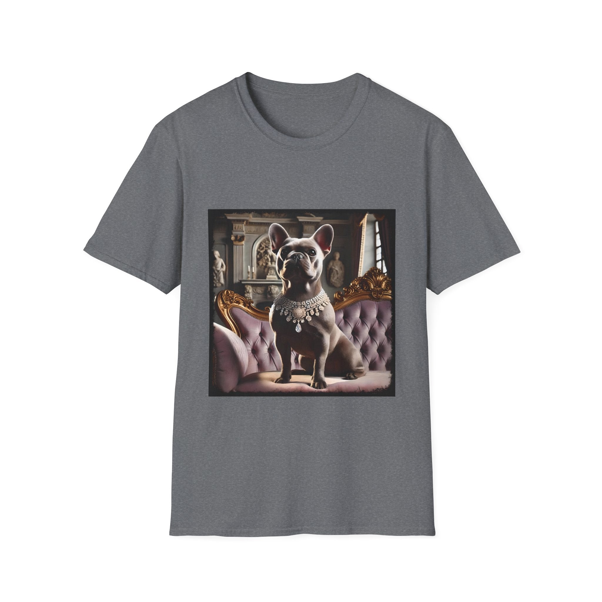 Graphite heather dog t-shirt featuring gray French Bulldog in jeweled necklace on tufted settee with grand palace-style background.