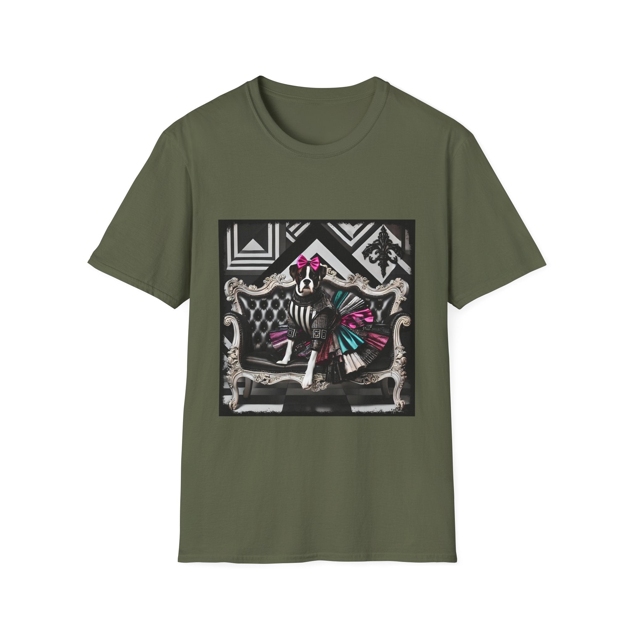 Military green dog t-shirt with black and white boxer in pink bow and varsity dress in pleated skirt, bold geometric black backdrop.