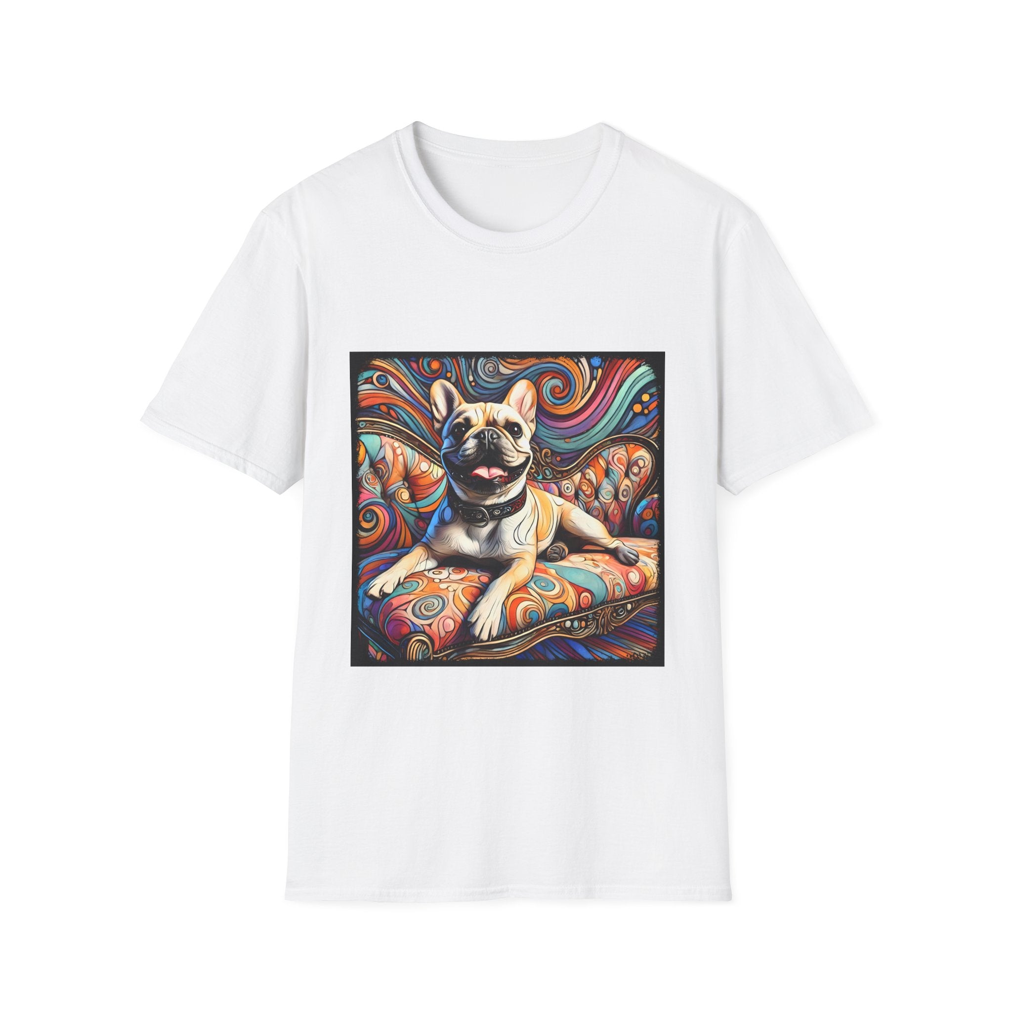 White dog t-shirt featuring fawn French Bulldog with collar lounging on colorful swirl settee with vivid abstract background.