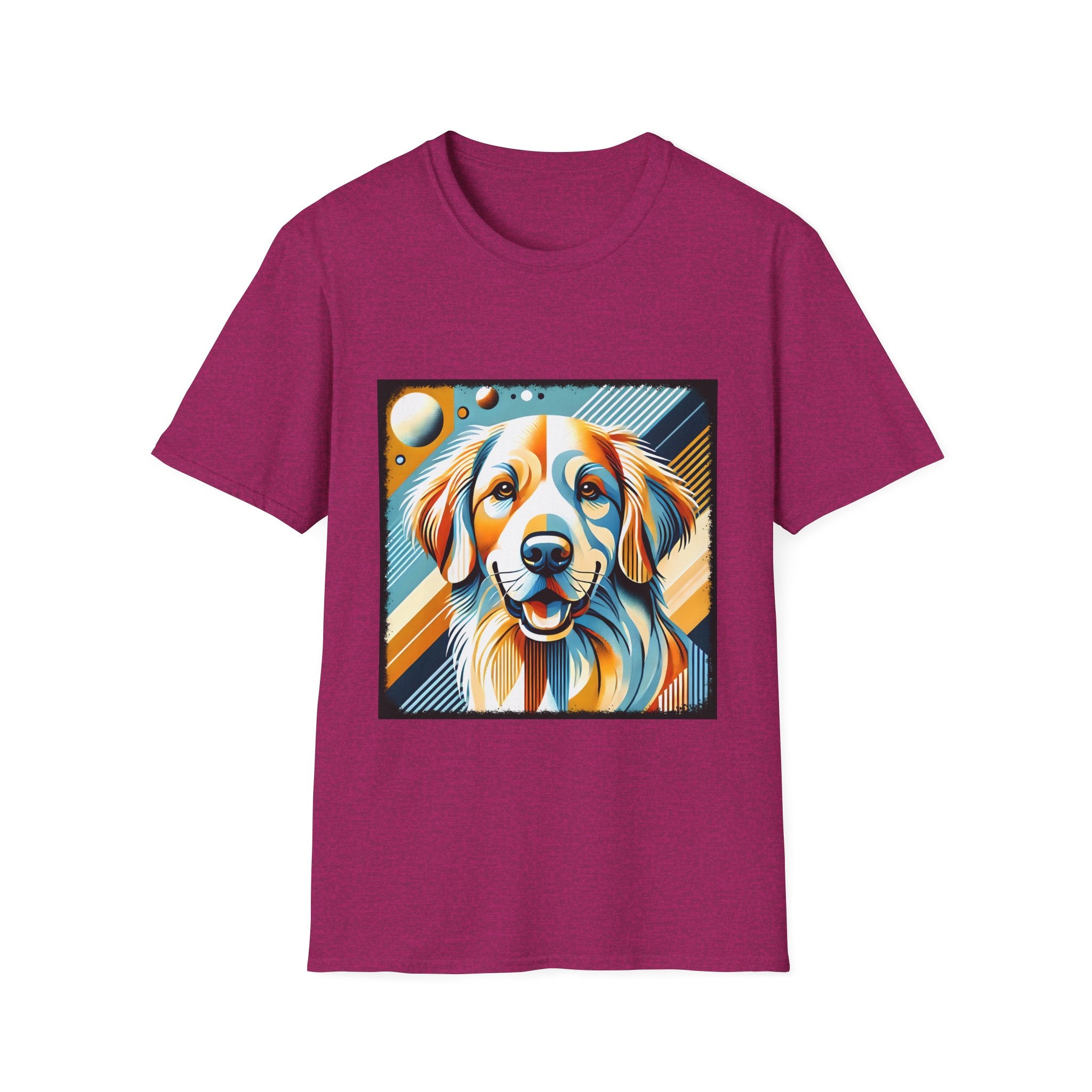 Heather raspberry dog t-shirt featuring smiling golden retriever in abstract pop style with blue, orange, and cream tones.