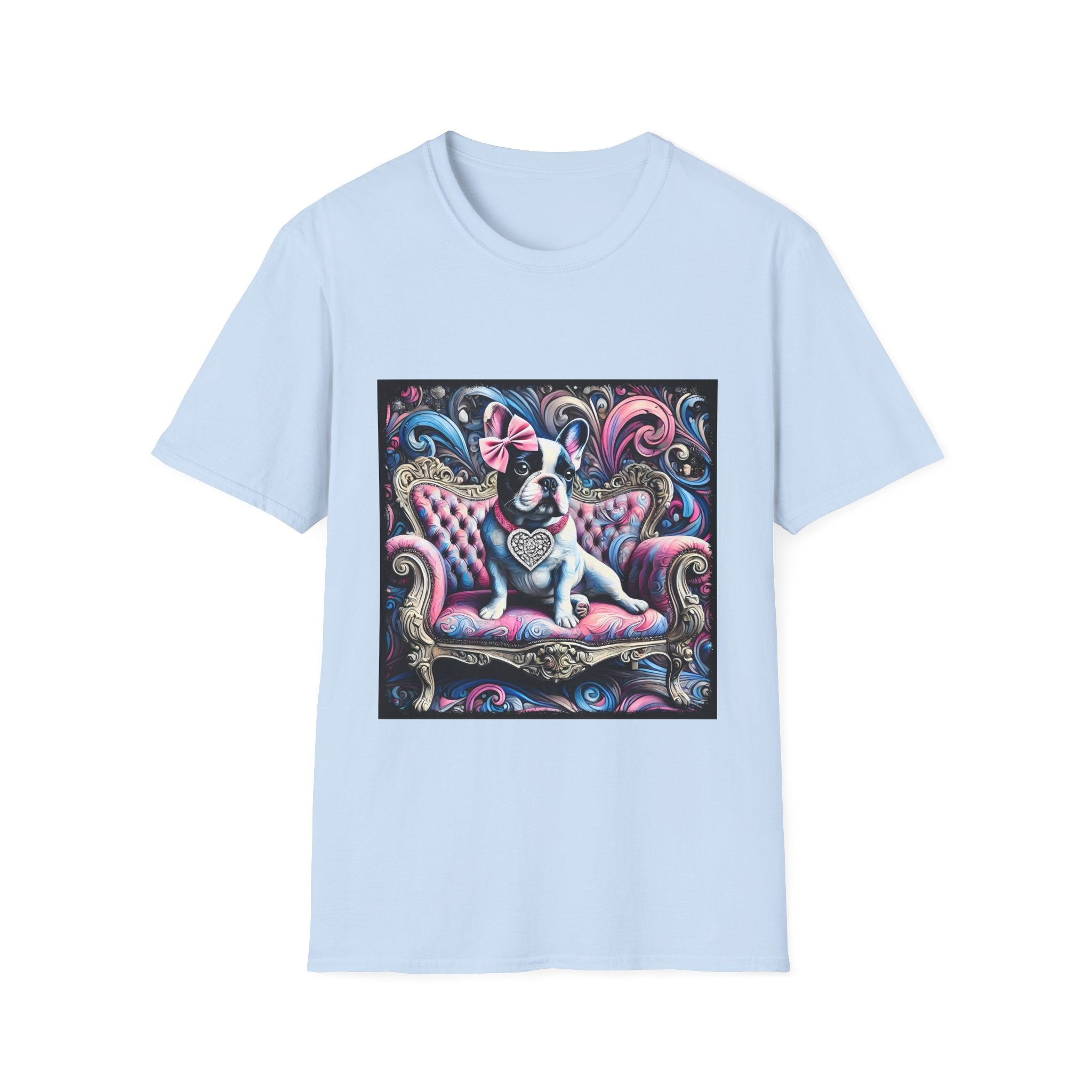 Light blue dog t-shirt featuring a black and white French Bulldog with a pink bow, seated on a tufted pink and gold settee against a swirling blue, pink, and purple expressionist-style background.