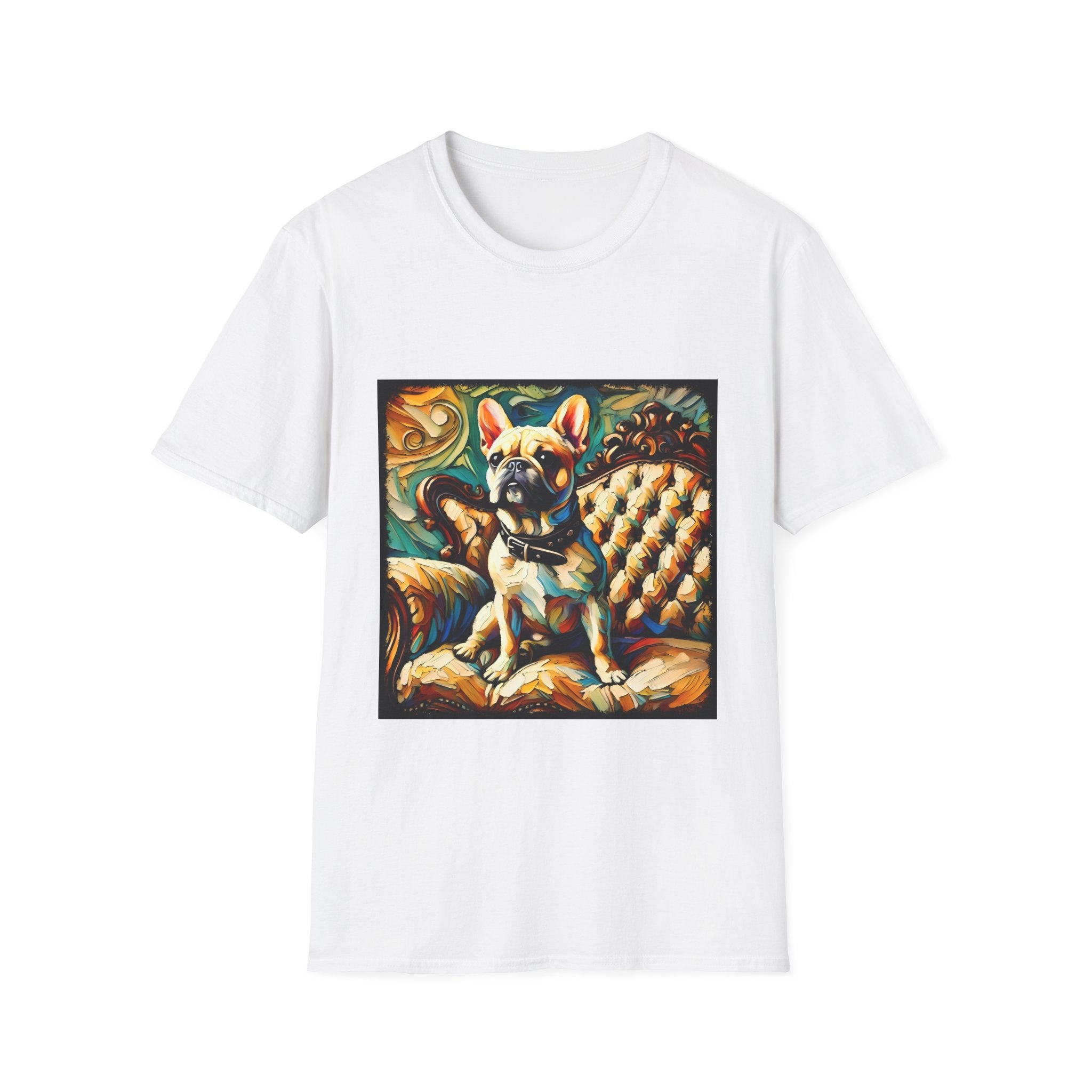 White dog t-shirt featuring fawn French Bulldog with collar on golden tufted settee and bold swirl backdrop.