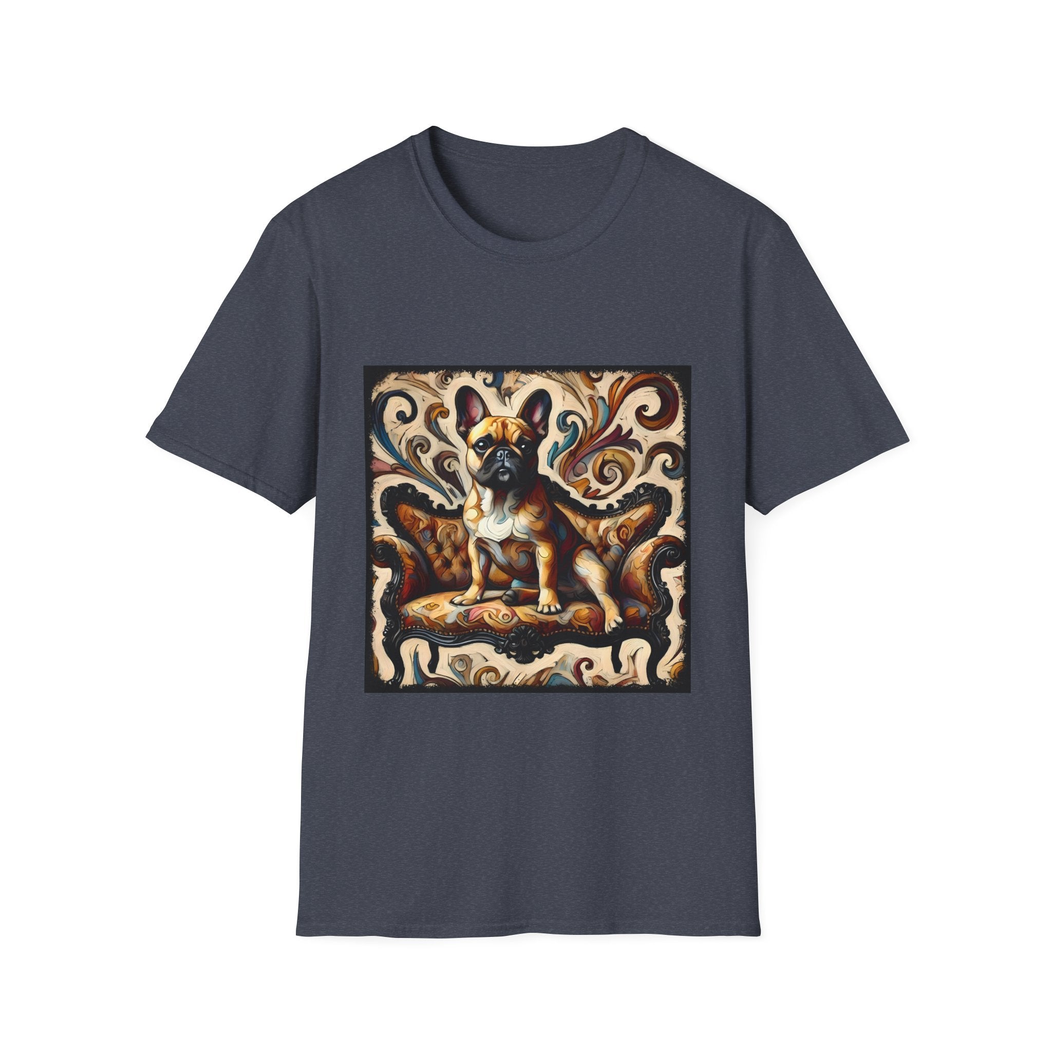Heather navy t-shirt featuring fawn French Bulldog on ornate amber and black settee with rich tan swirl backdrop.