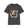 Dark heather dog t-shirt featuring golden retriever in fur coat on gold throne with colorful backdrop.