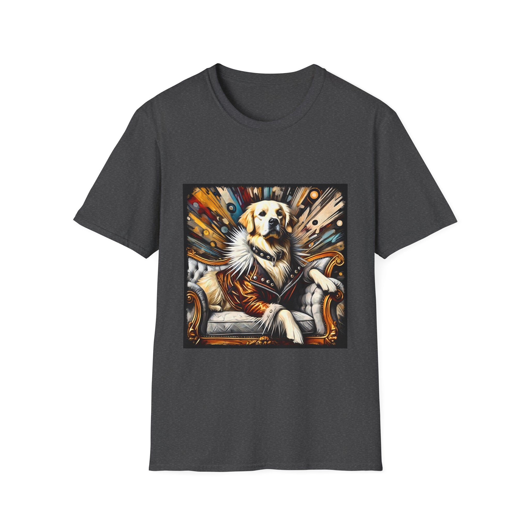 Dark heather dog t-shirt featuring golden retriever in fur coat on gold throne with colorful backdrop.
