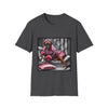 Dark heather dog t-shirt featuring boxer in pink bow and pleated pink coat lounging on silver settee.