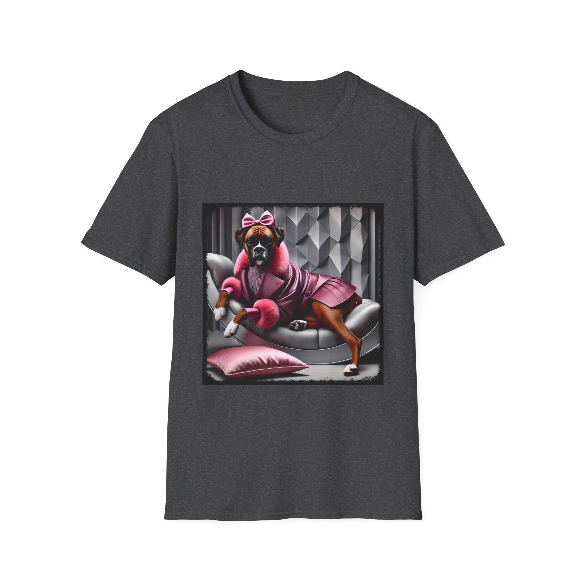 Dark heather dog t-shirt featuring boxer in pink bow and pleated pink coat lounging on silver settee.