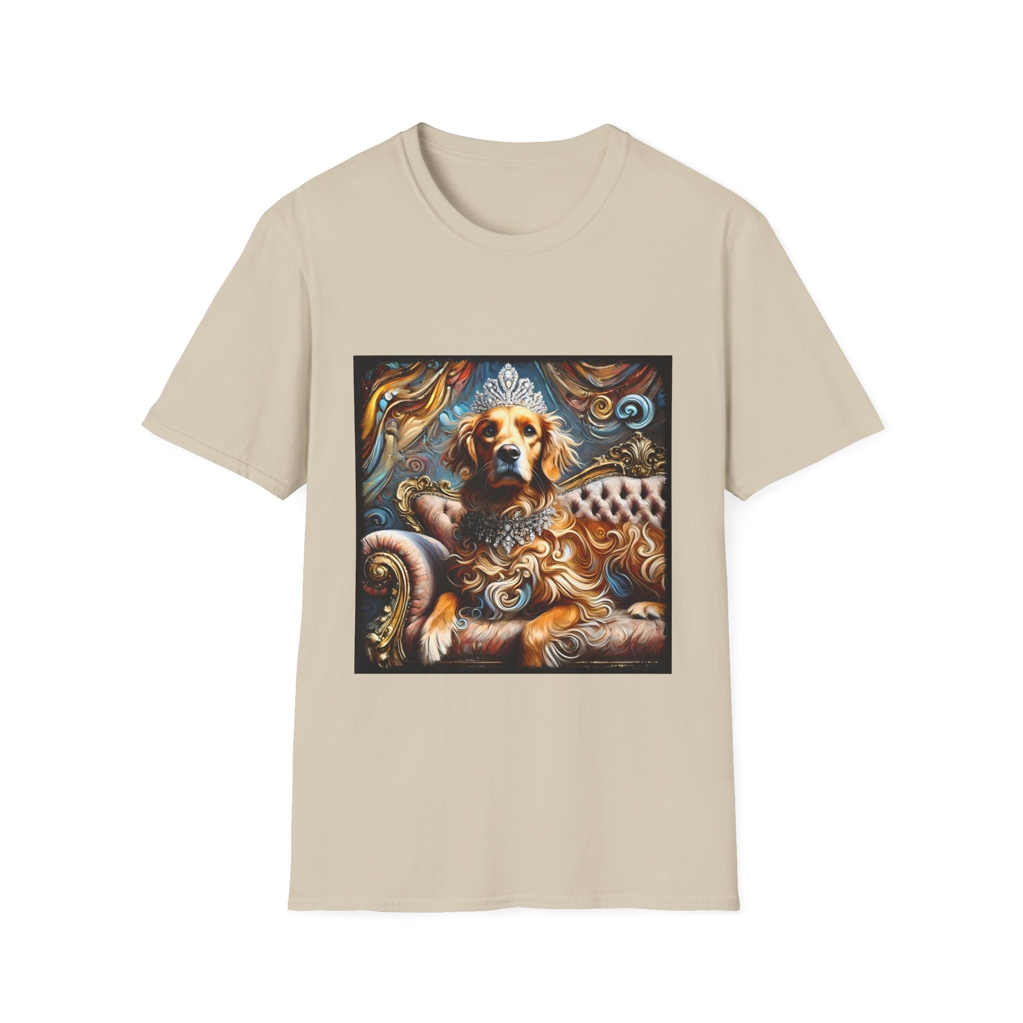Sand dog t-shirt with golden retriever in crown and jewels on tufted settee, baroque-style backdrop.