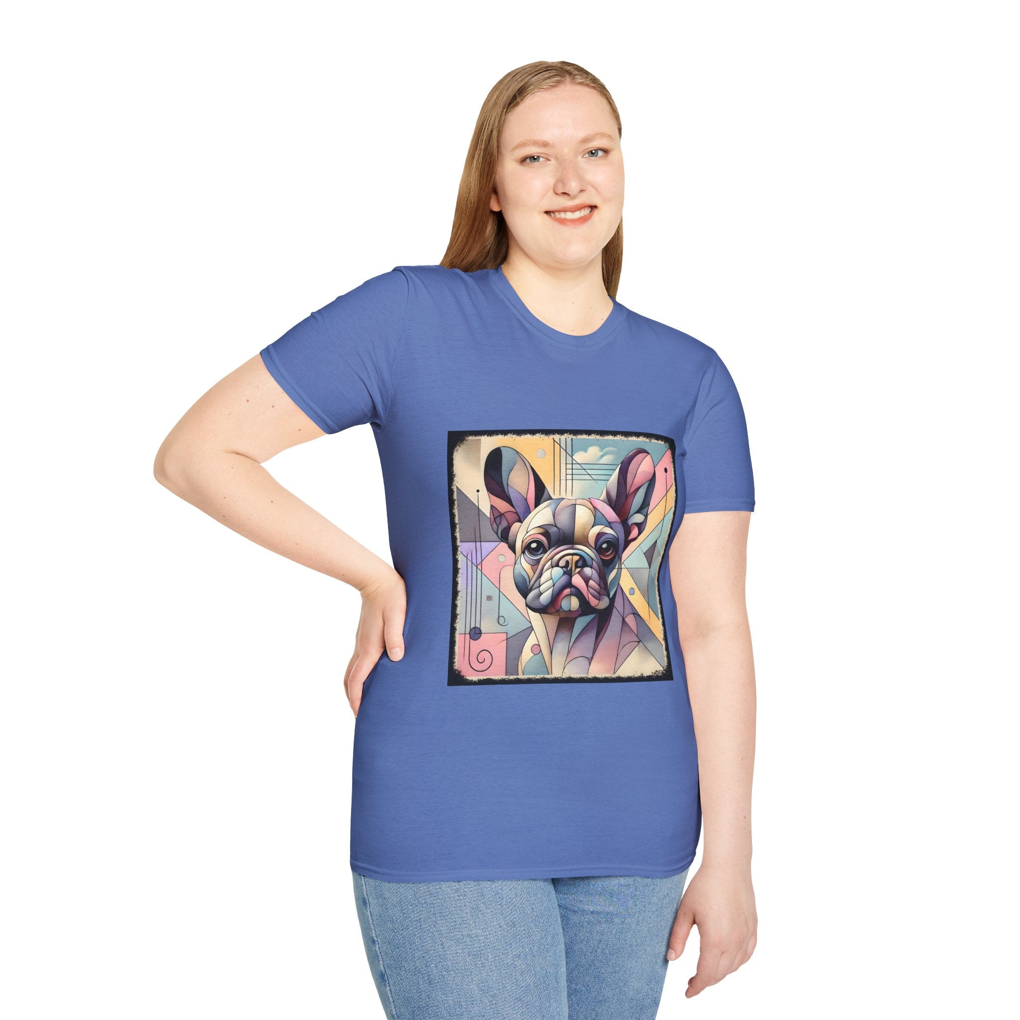 Female model in cornflower blue shirt with Cubism-style French Bulldog design in soft pastel colors and abstract shapes.
