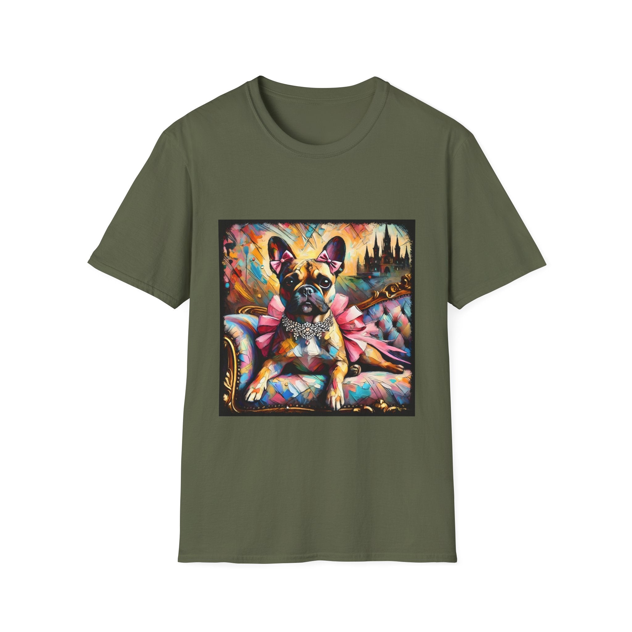 Military Green dog t-shirt featuring fawn French Bulldog with jeweled collar on settee, vivid swirl and castle background.