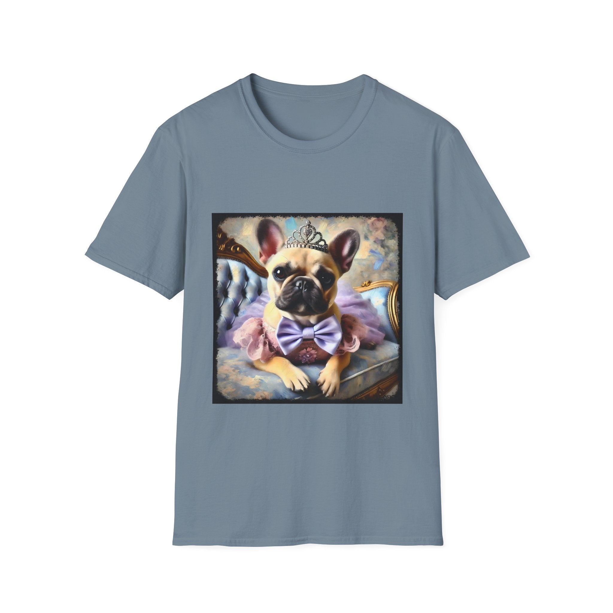 Slate blue dog t-shirt featuring French Bulldog wearing tiara, purple tutu, and bow, seated on royal chair with pastel background.