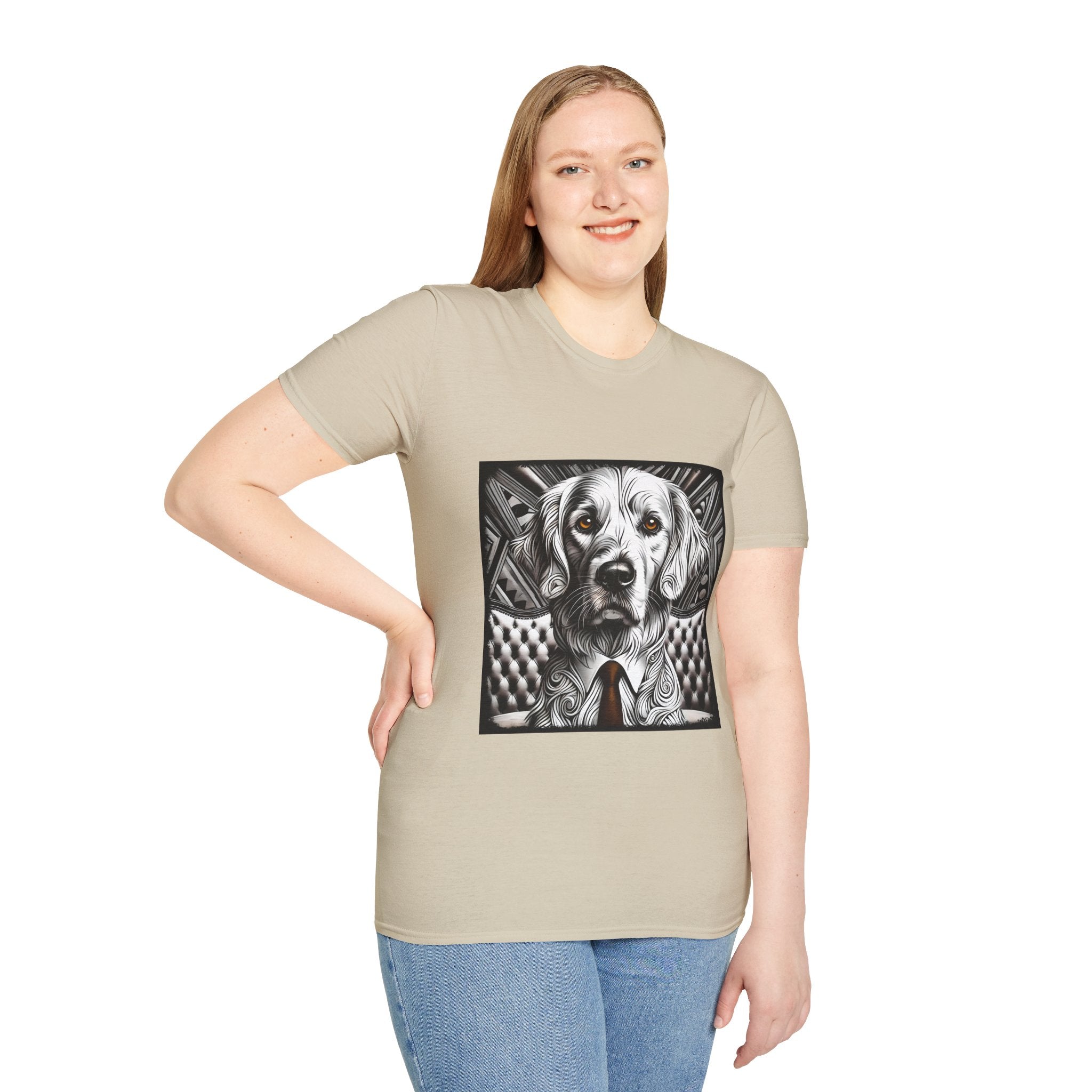Female model in sand dog t-shirt featuring monochrome golden retriever with brown eyes and tie in front of settee.