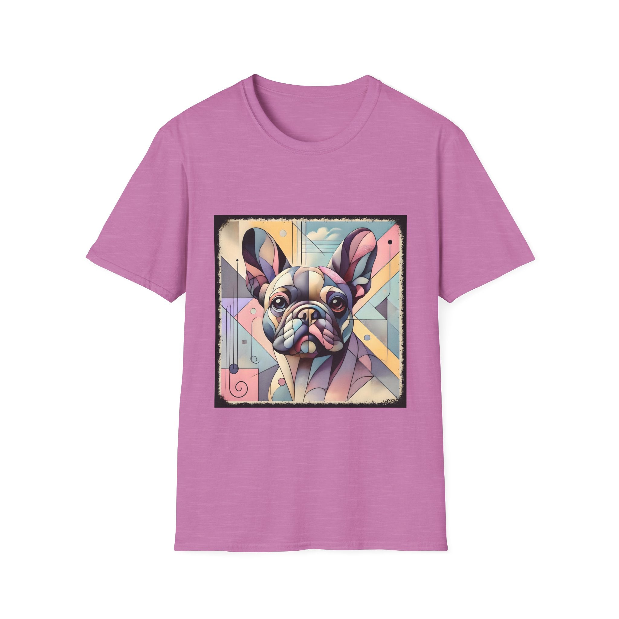 Lilac rose shirt with Cubism-style French Bulldog design in soft pastel colors and abstract shapes.