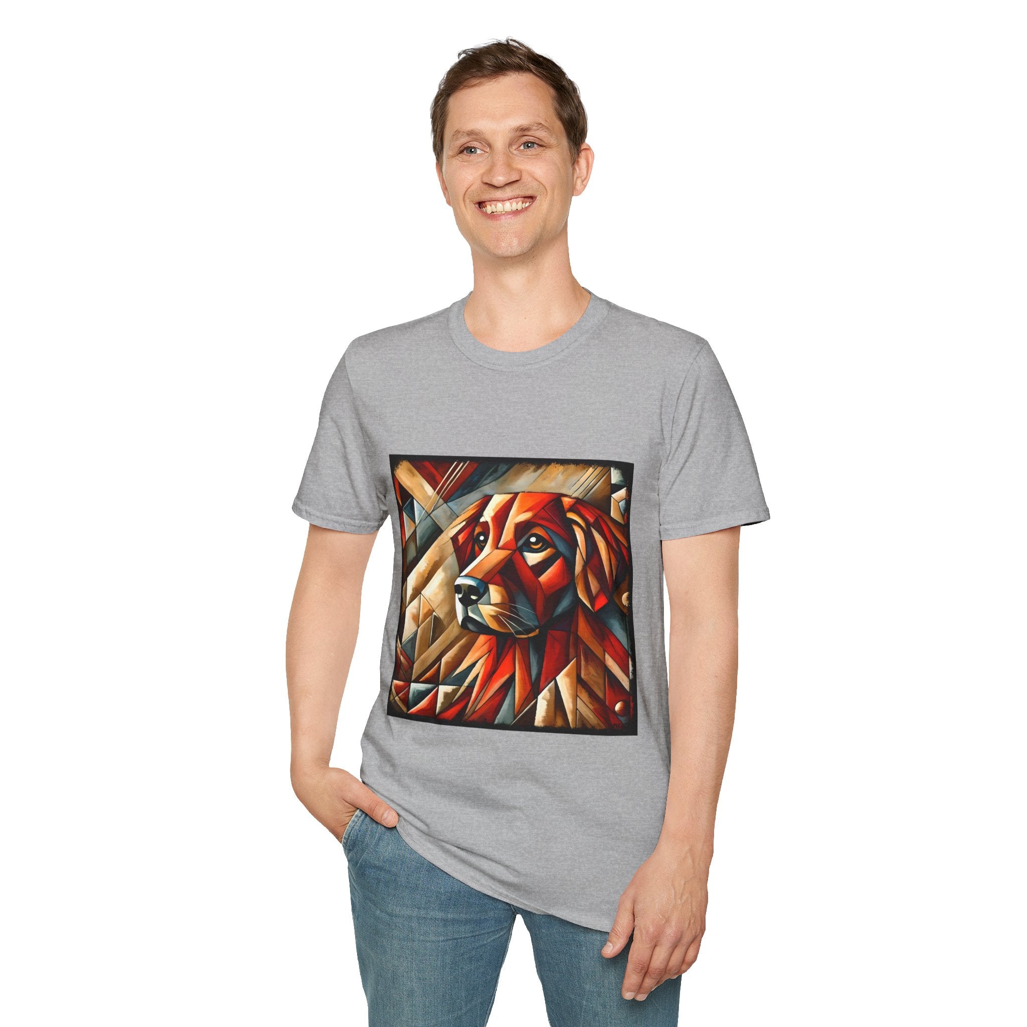 Male model in sport gray dog t-shirt featuring red geometric golden retriever portrait in cubist style with bold angles.