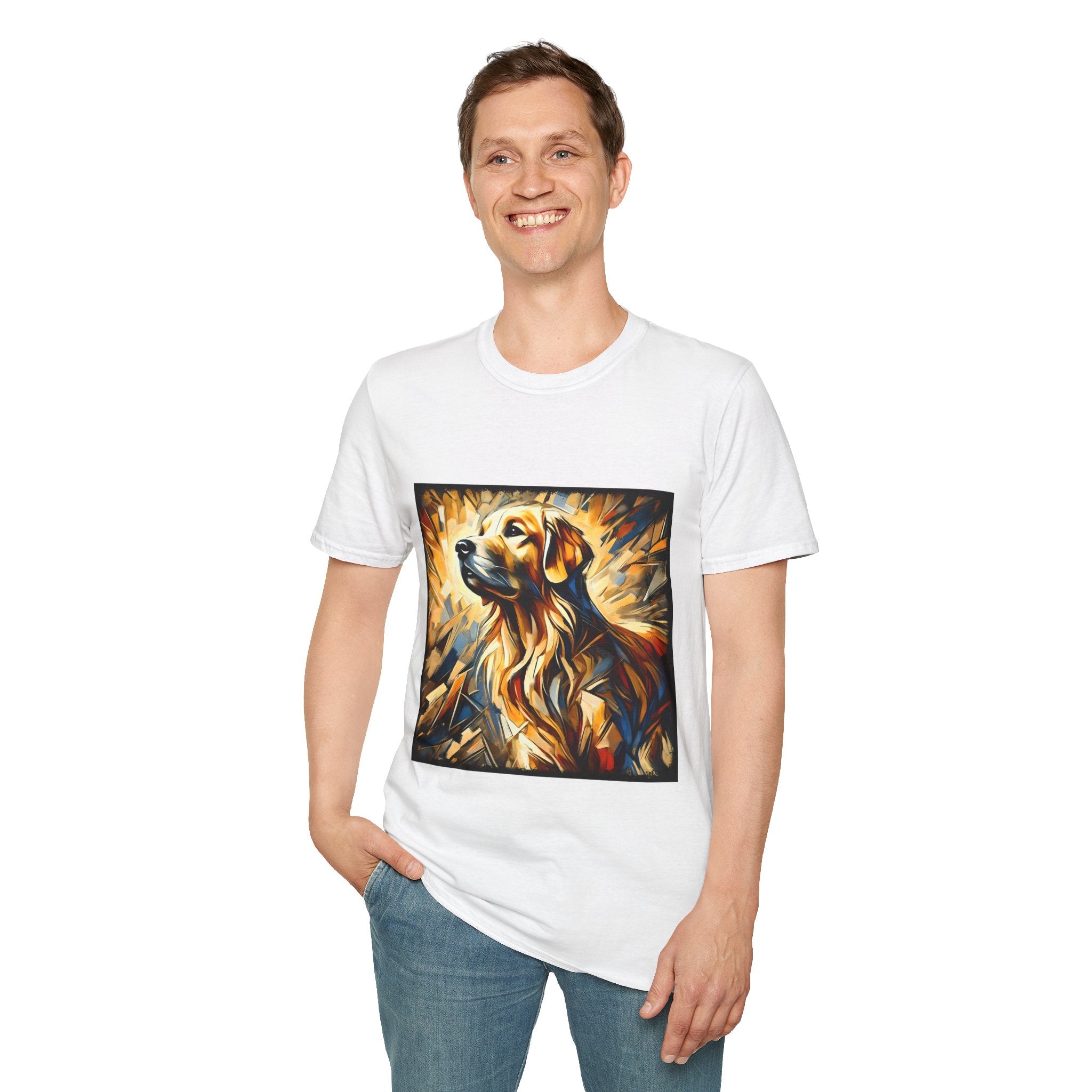 Male standing in white dog t-shirt featuring golden retriever portrait with fiery gold, blue, and amber abstract swirls.