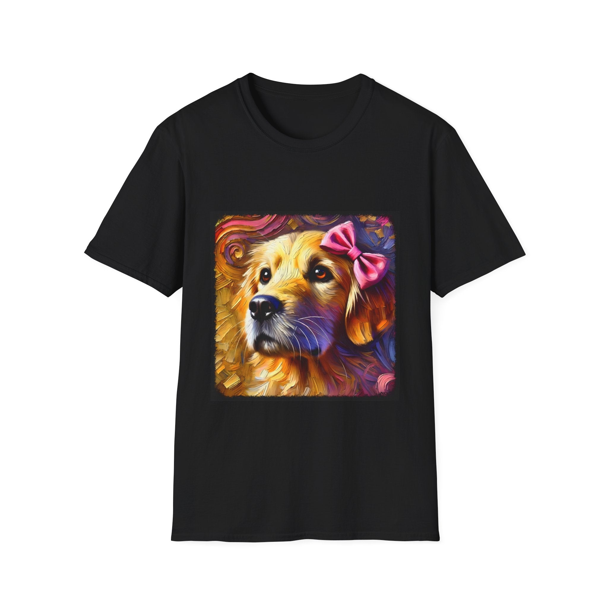 Black dog t-shirt featuring golden retriever with pink bow on head, set against vivid painterly swirls.
