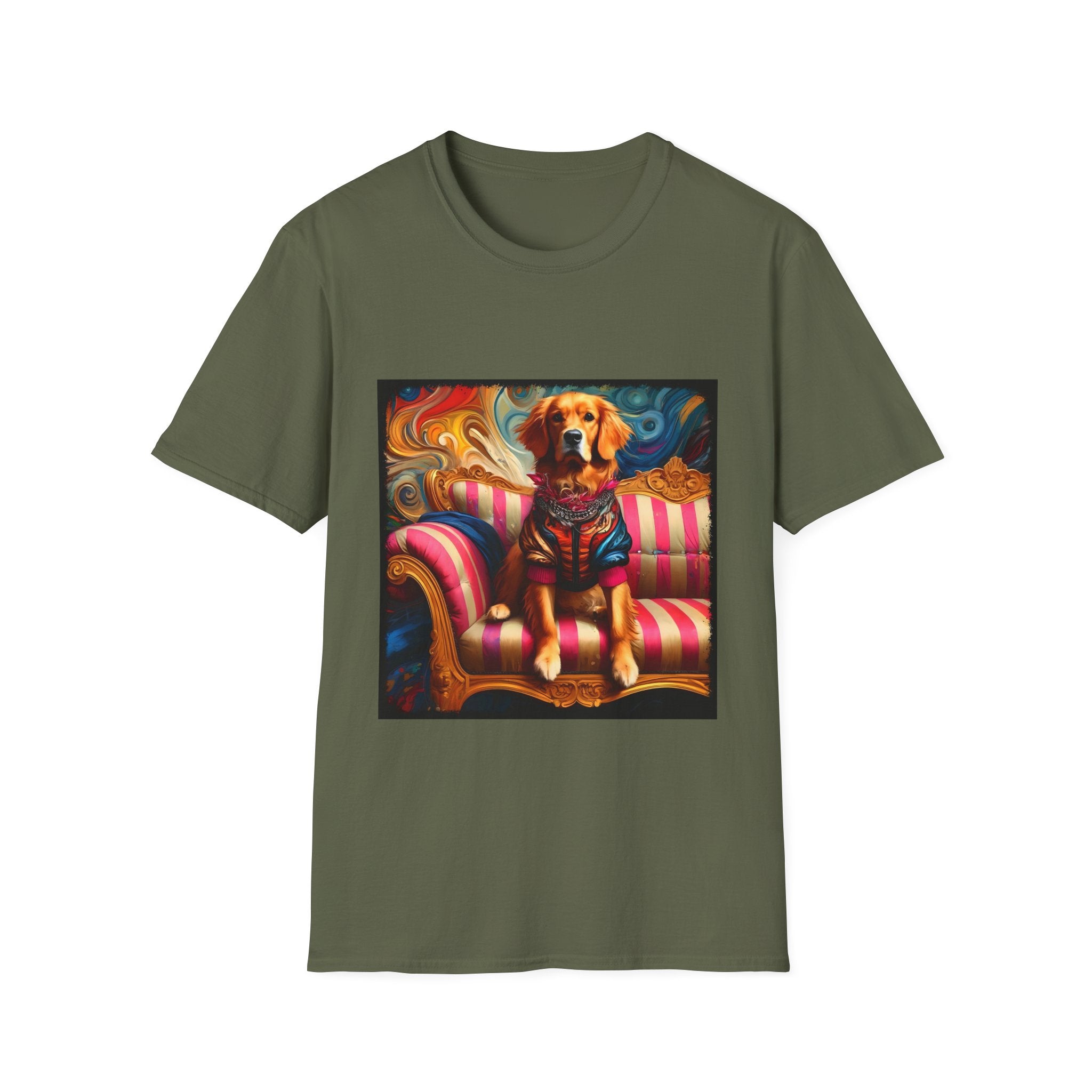 Military green dog t-shirt with golden retriever in regal jacket on pink striped settee, swirled backdrop.