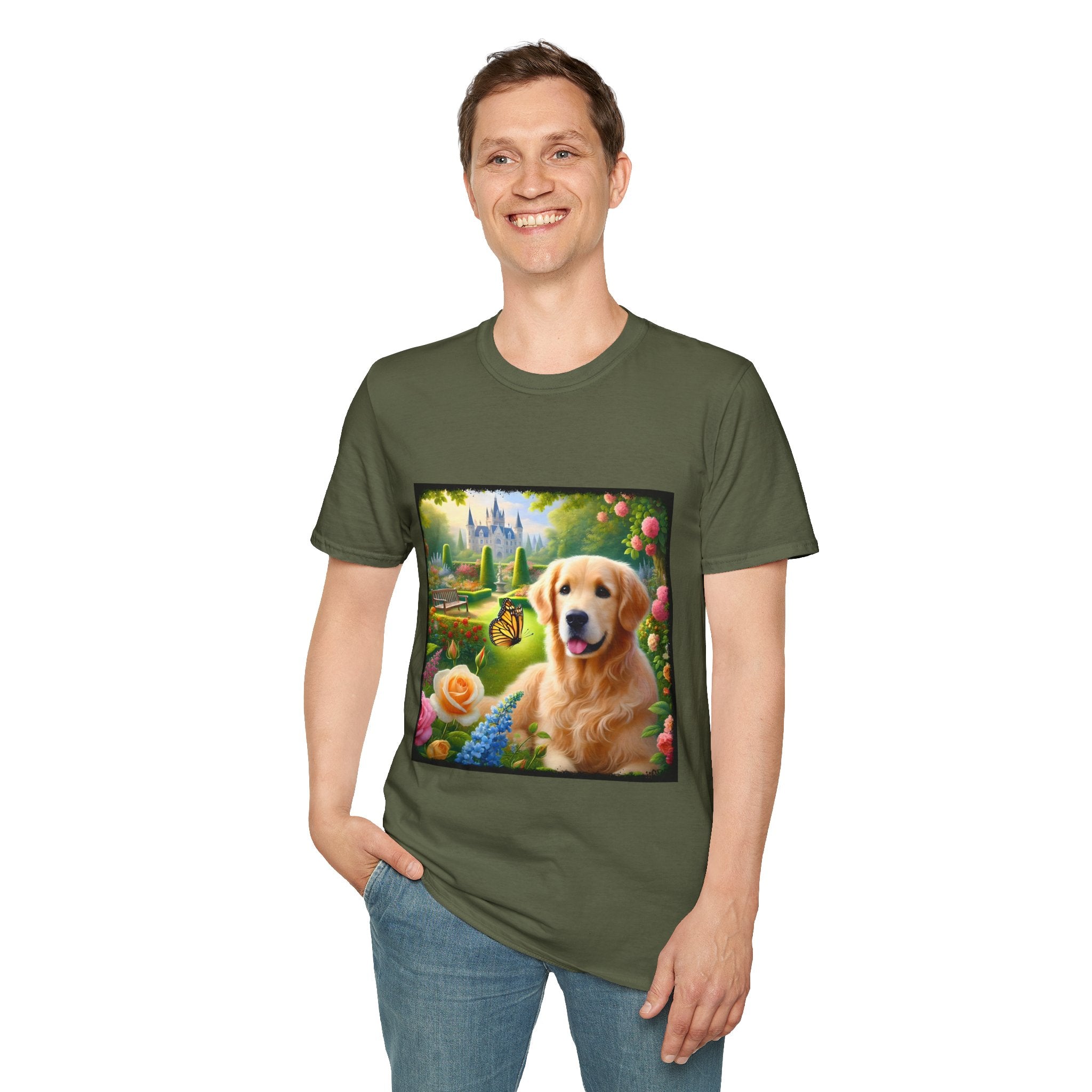 Male model wears military green dog t-shirt featuring a golden retriever in a vibrant castle garden with blooming roses and a butterfly.