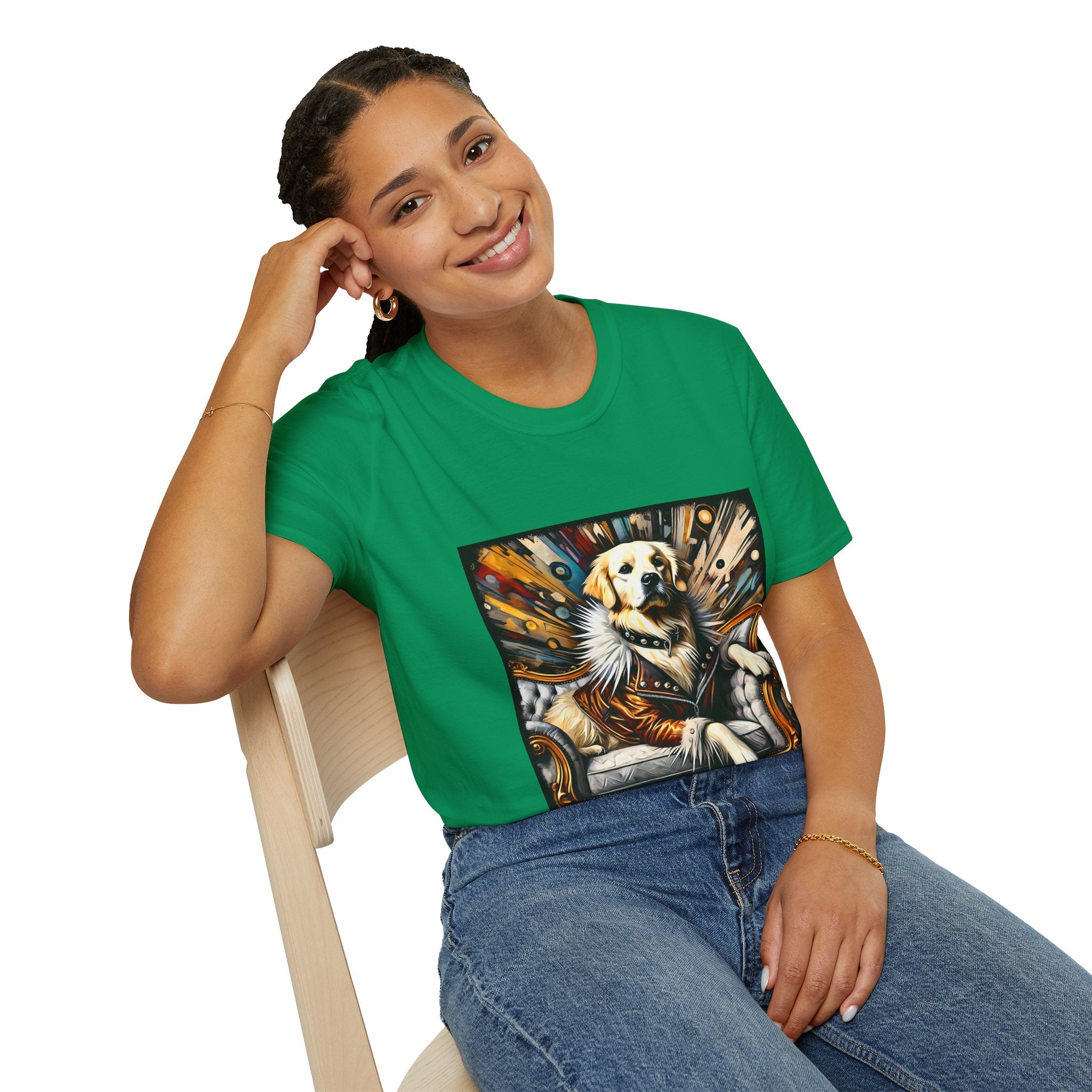 Female model in kelly green dog t-shirt featuring golden retriever in fur coat on gold throne with colorful backdrop.