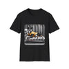 Black dog t-shirt featuring a black and white boxer lounging on silver tufted couch in yellow jacket with striped wall.