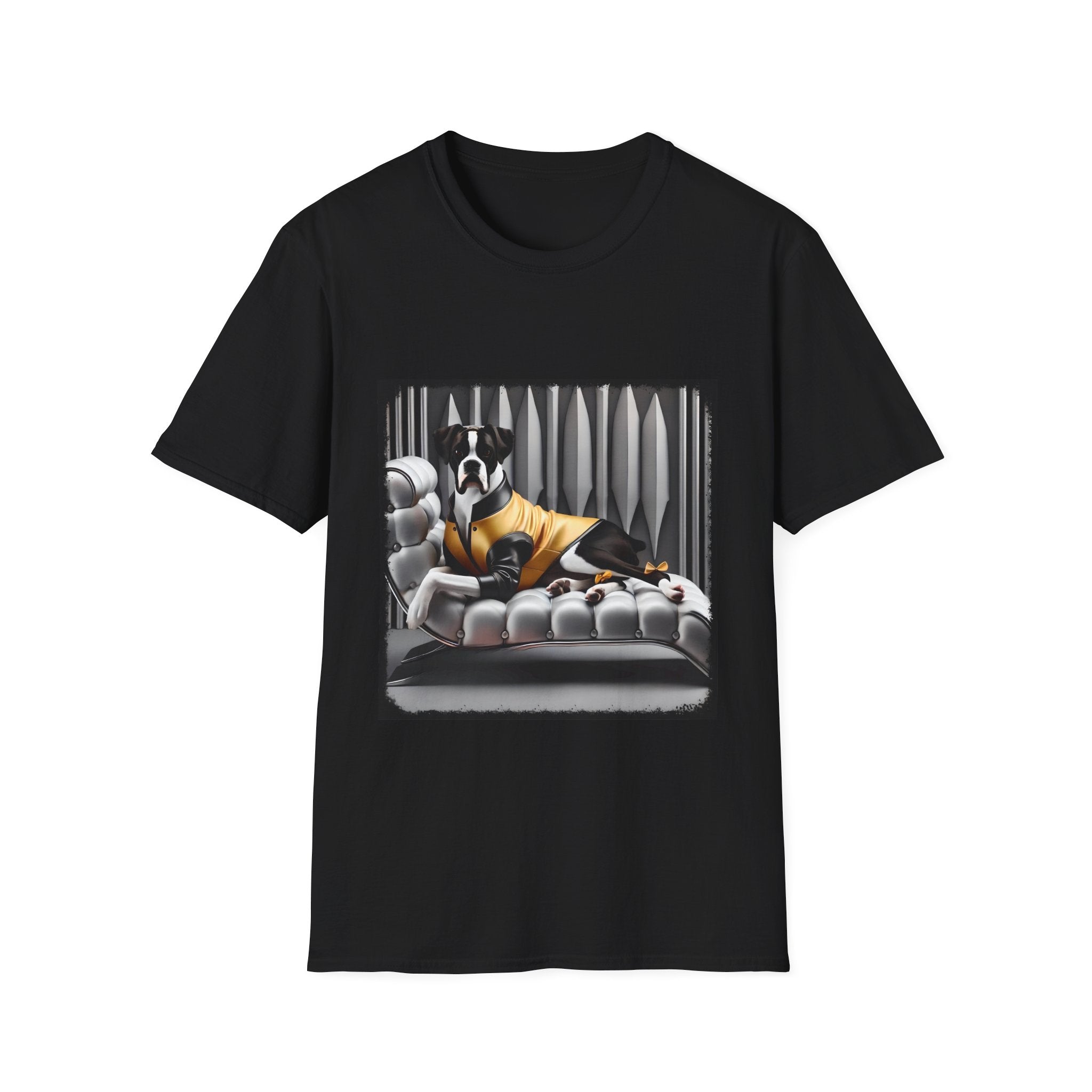 Black dog t-shirt featuring a black and white boxer lounging on silver tufted couch in yellow jacket with striped wall.