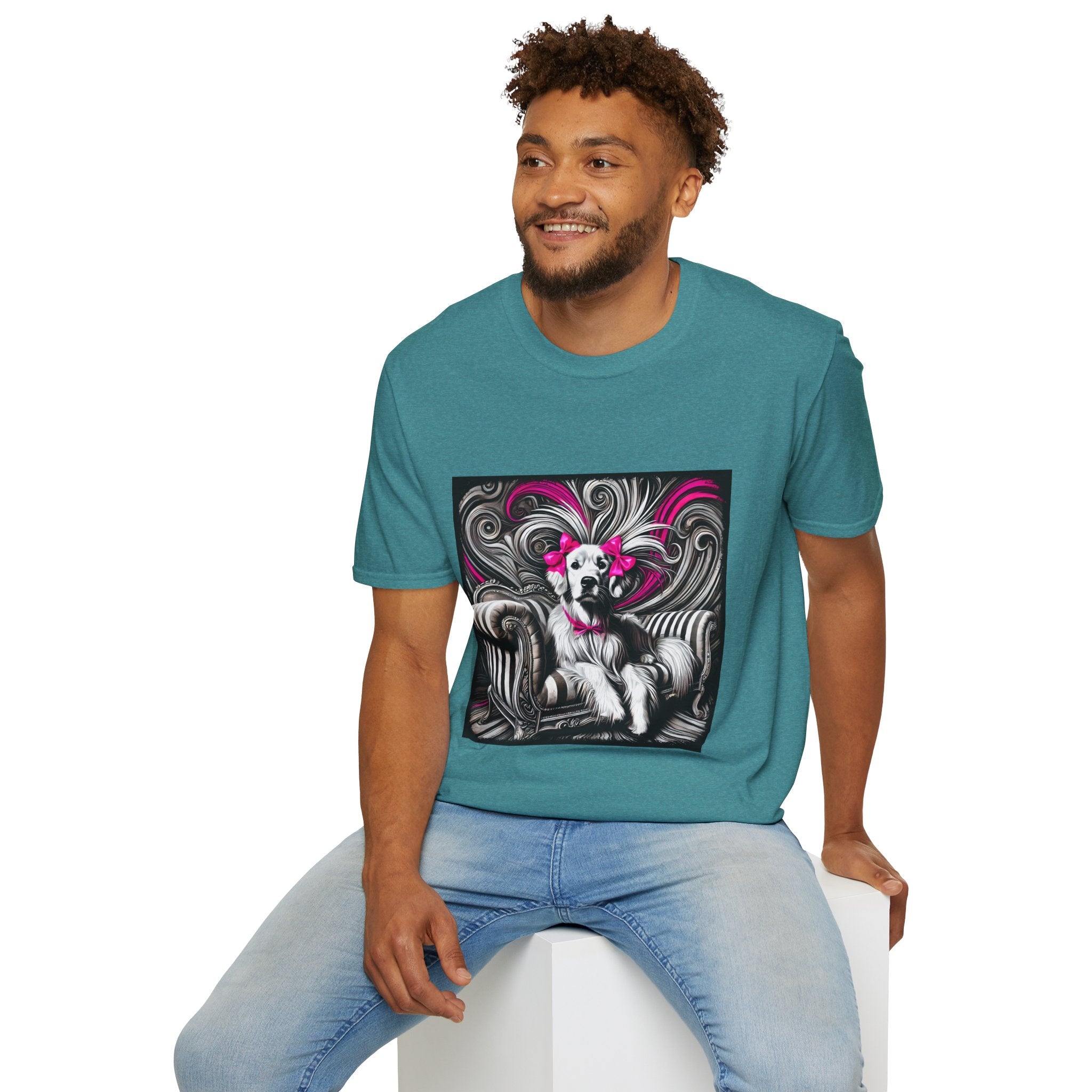 Male model in teal dog t-shirt featuring black-and-white art of retriever with pink bows and swirling accents.