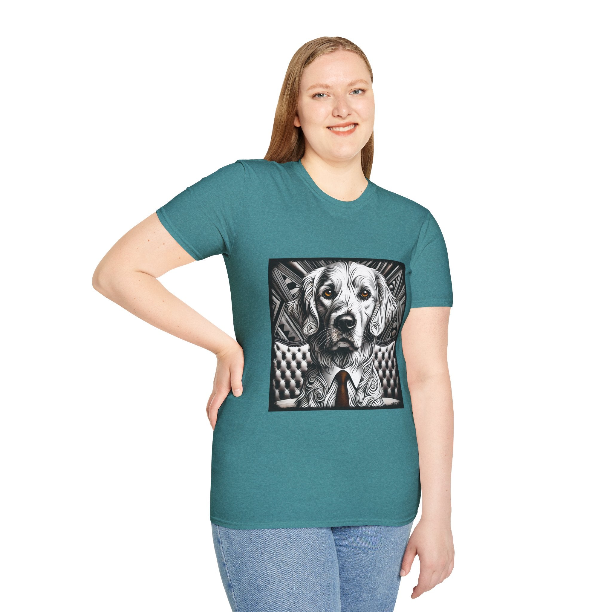 Female model in teal dog t-shirt featuring monochrome golden retriever with brown eyes and tie in front of settee.