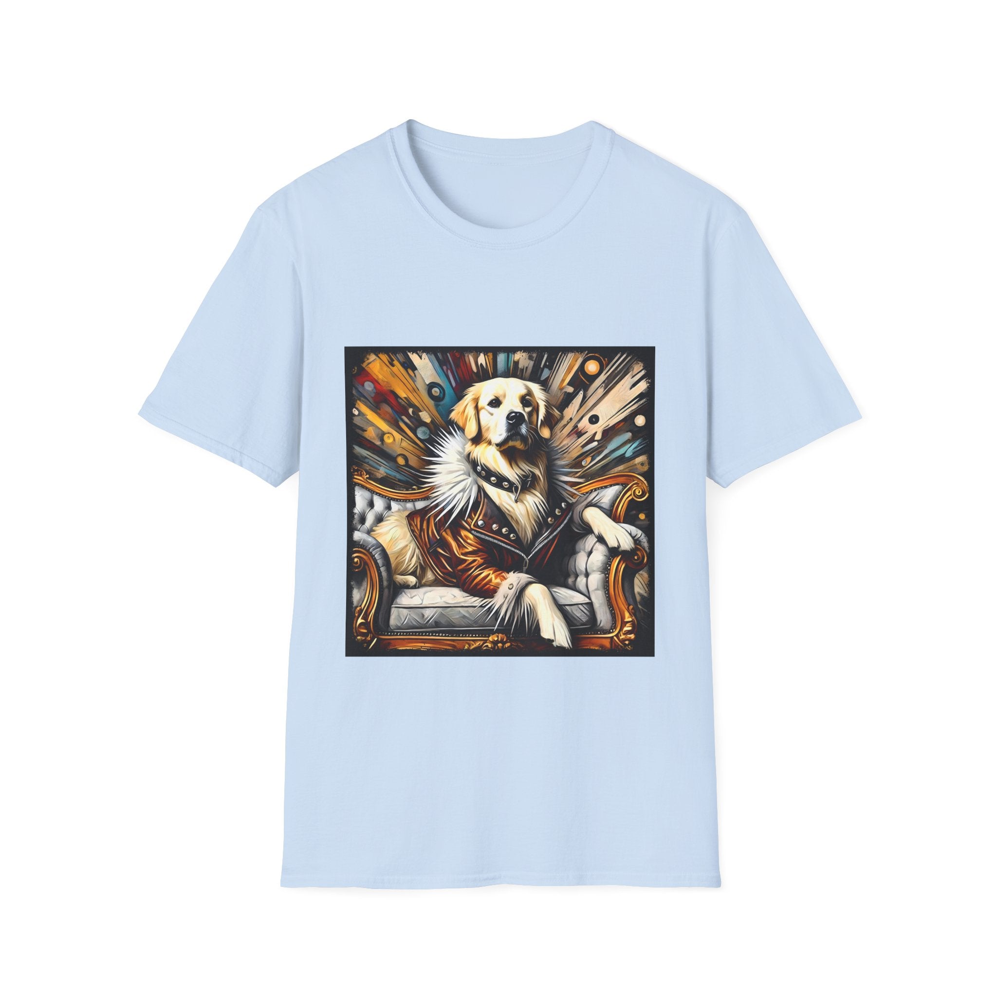 Light blue dog t-shirt featuring golden retriever in fur coat on gold throne with colorful backdrop.